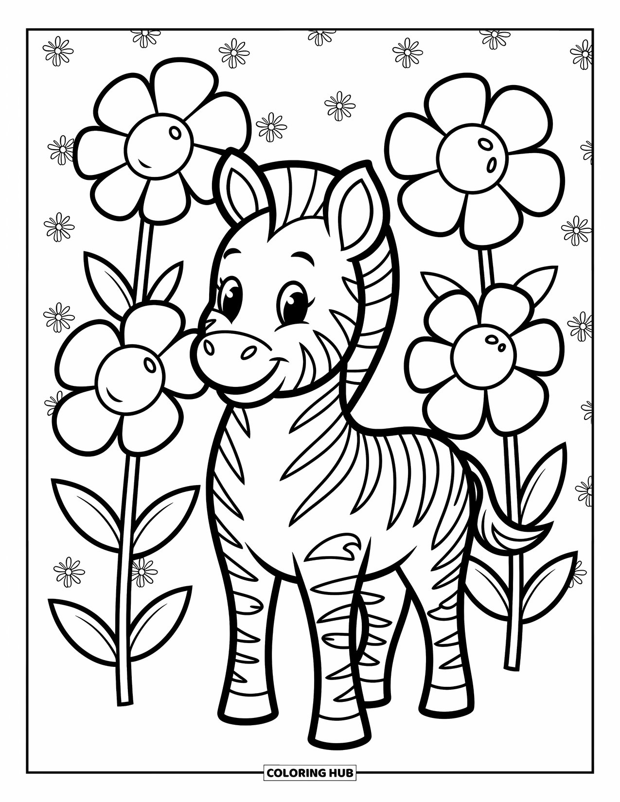 Zebra Coloring Page for Kids: Zebra smiles softly as big flowers bloom all around