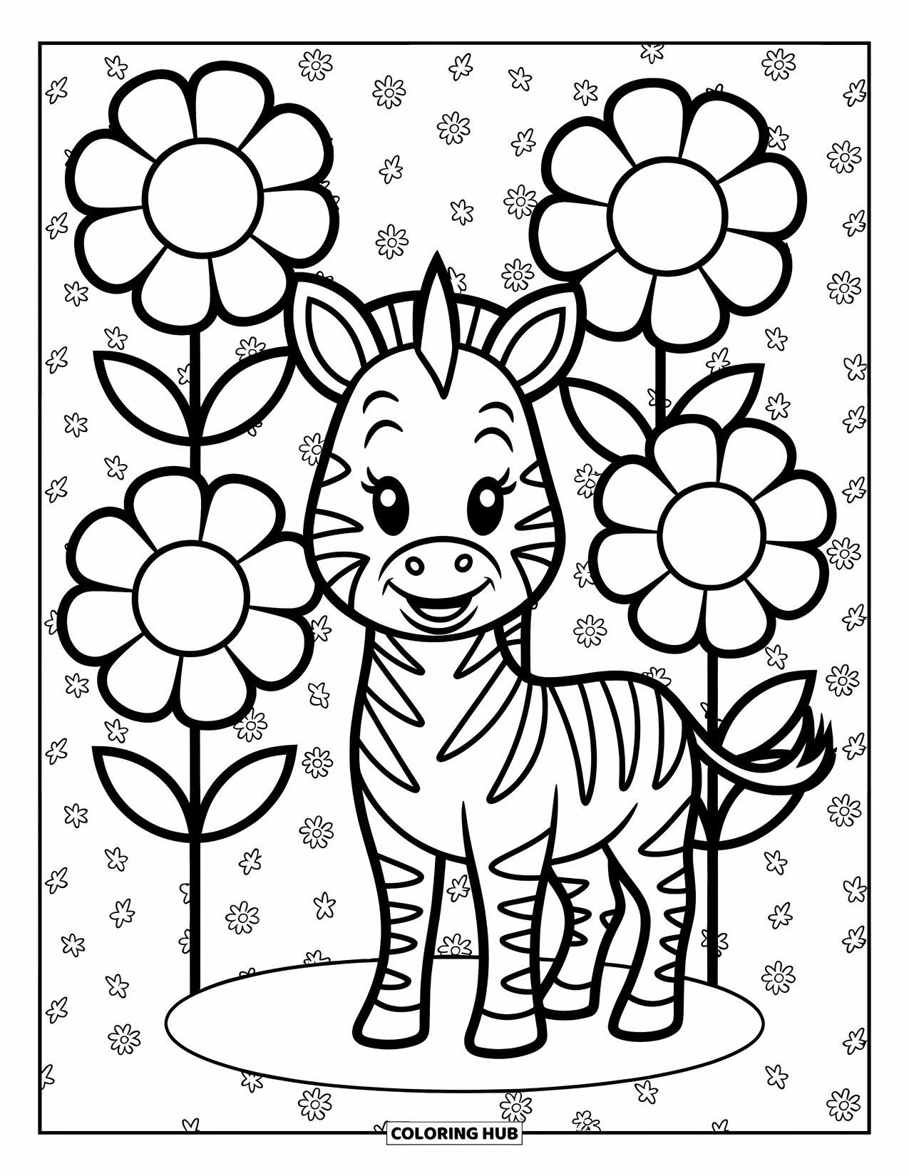 Zebra Coloring Page for Kids: Zebra smiles sweetly with four large flowers blooming nearby
