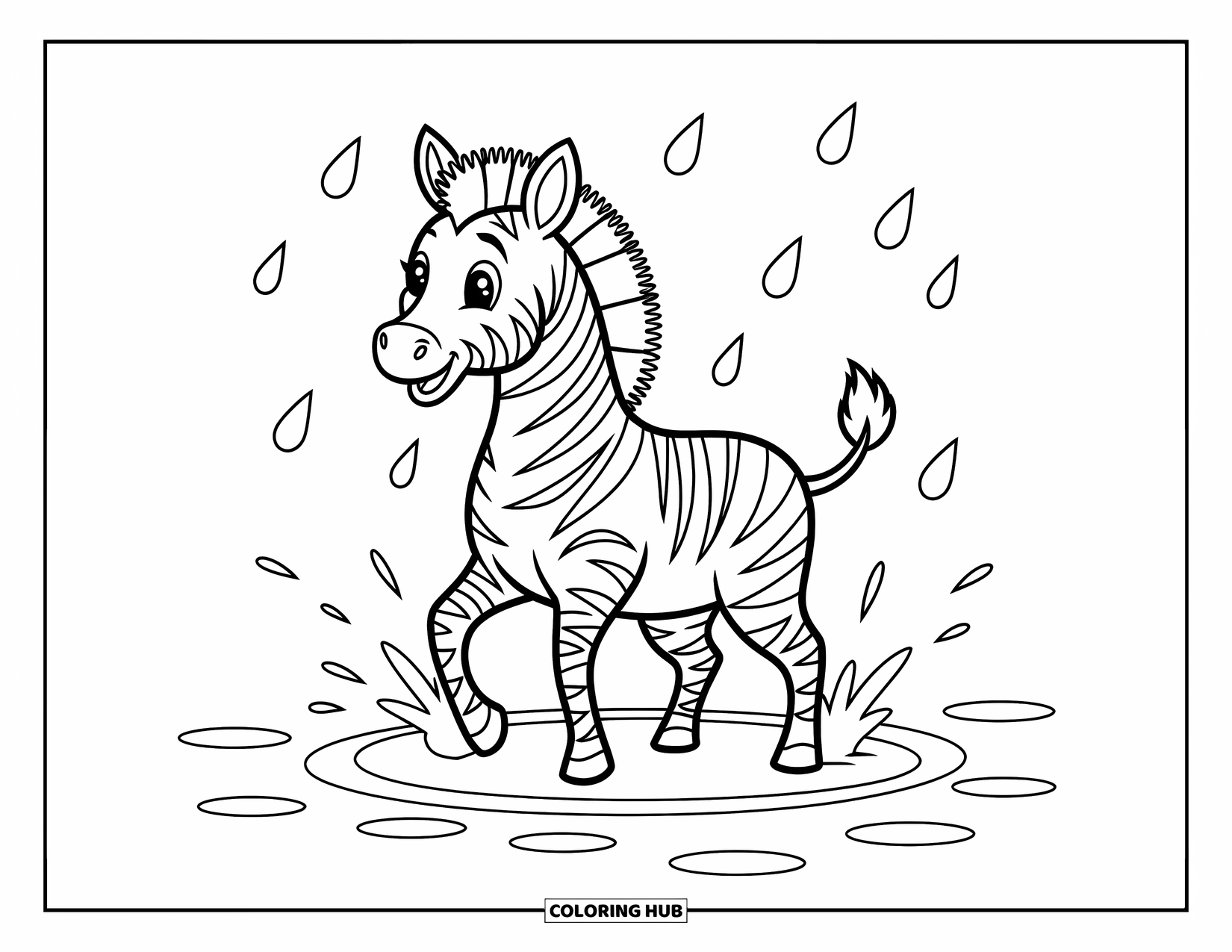 Zebra Coloring Page for Kids: Zebra splashes water with lifted legs and playful raindrops nearby