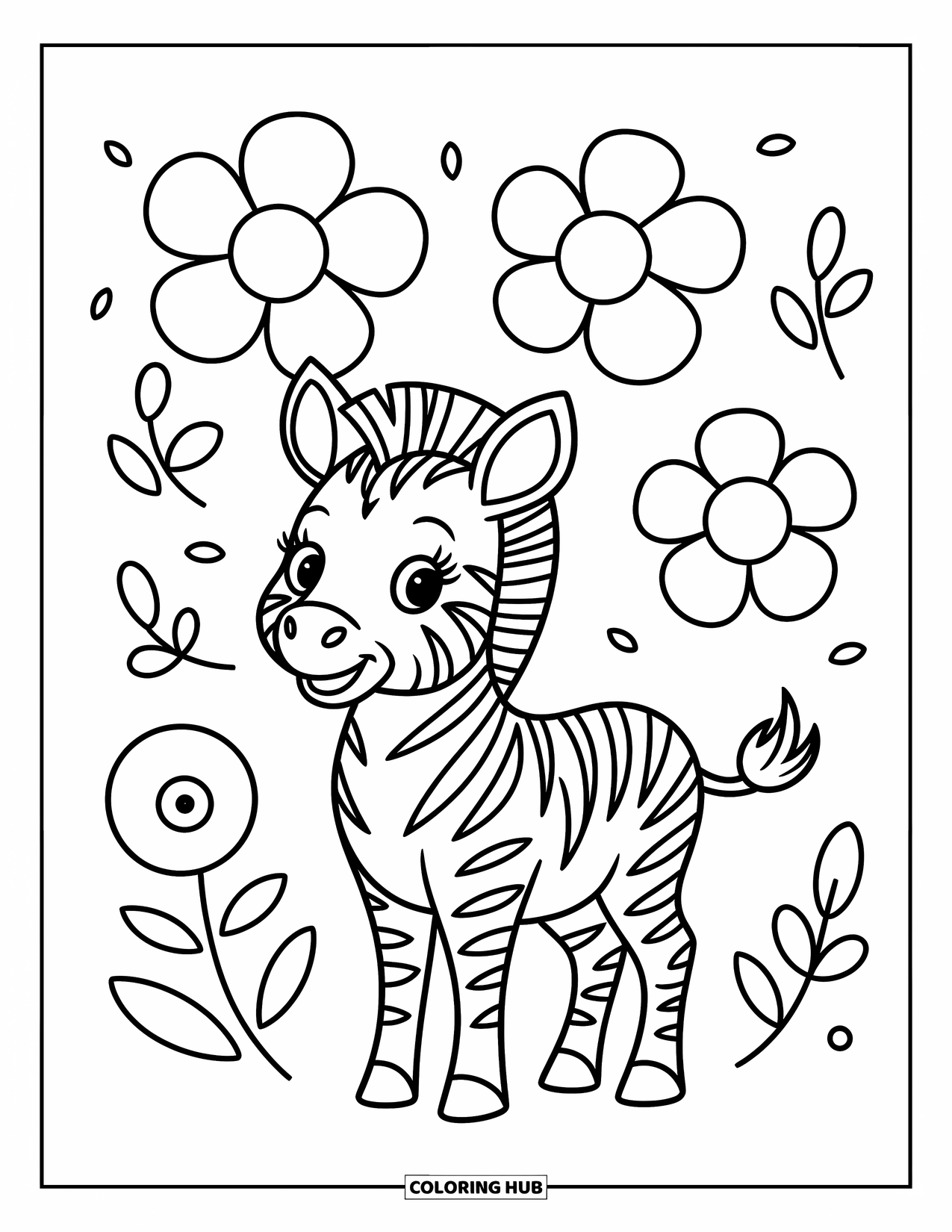 Zebra Coloring Page for Kids: Zebra stands gently smiling, surrounded by four big flowers