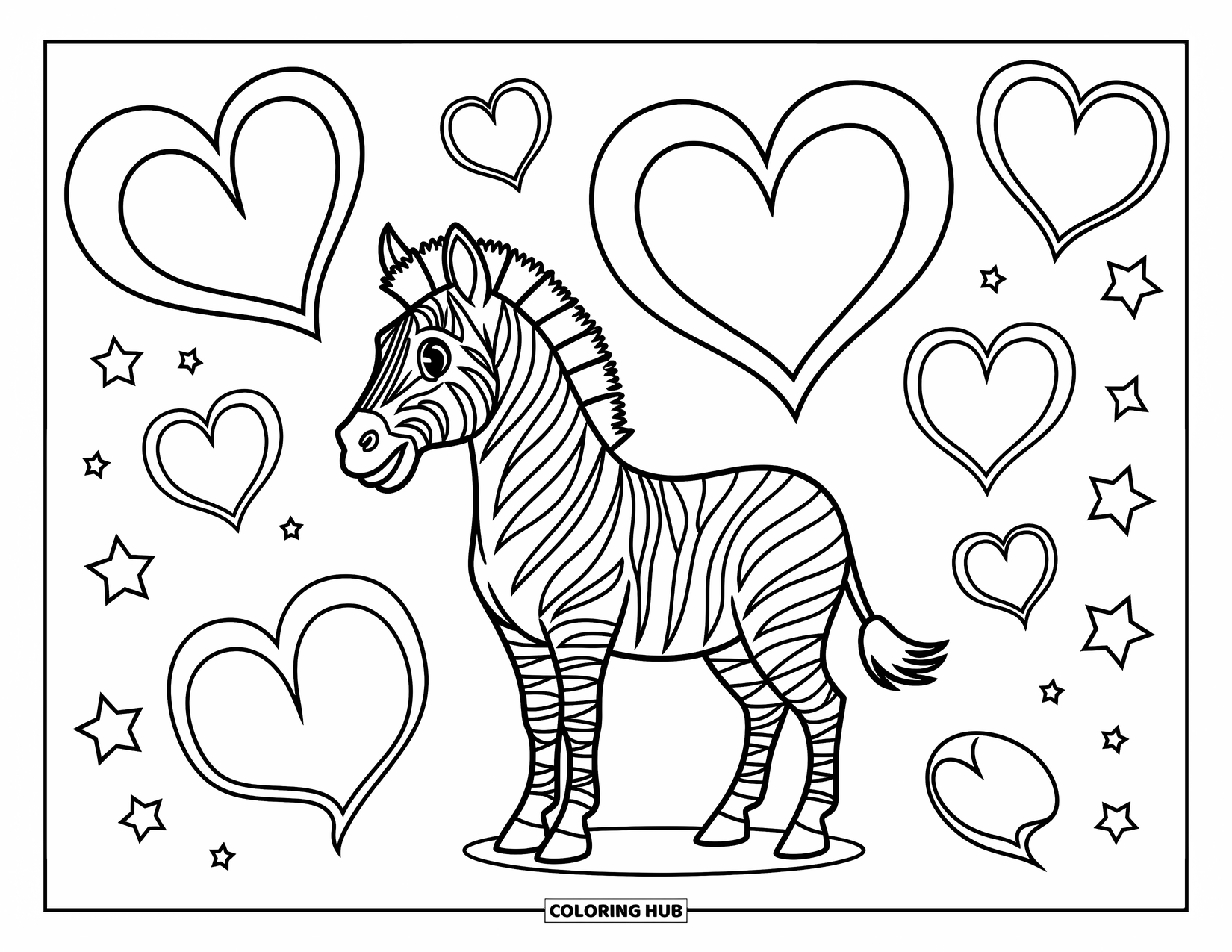 Zebra Coloring Page for Kids: Zebra stands happily among hearts and stars in a cheerful, playful scene
