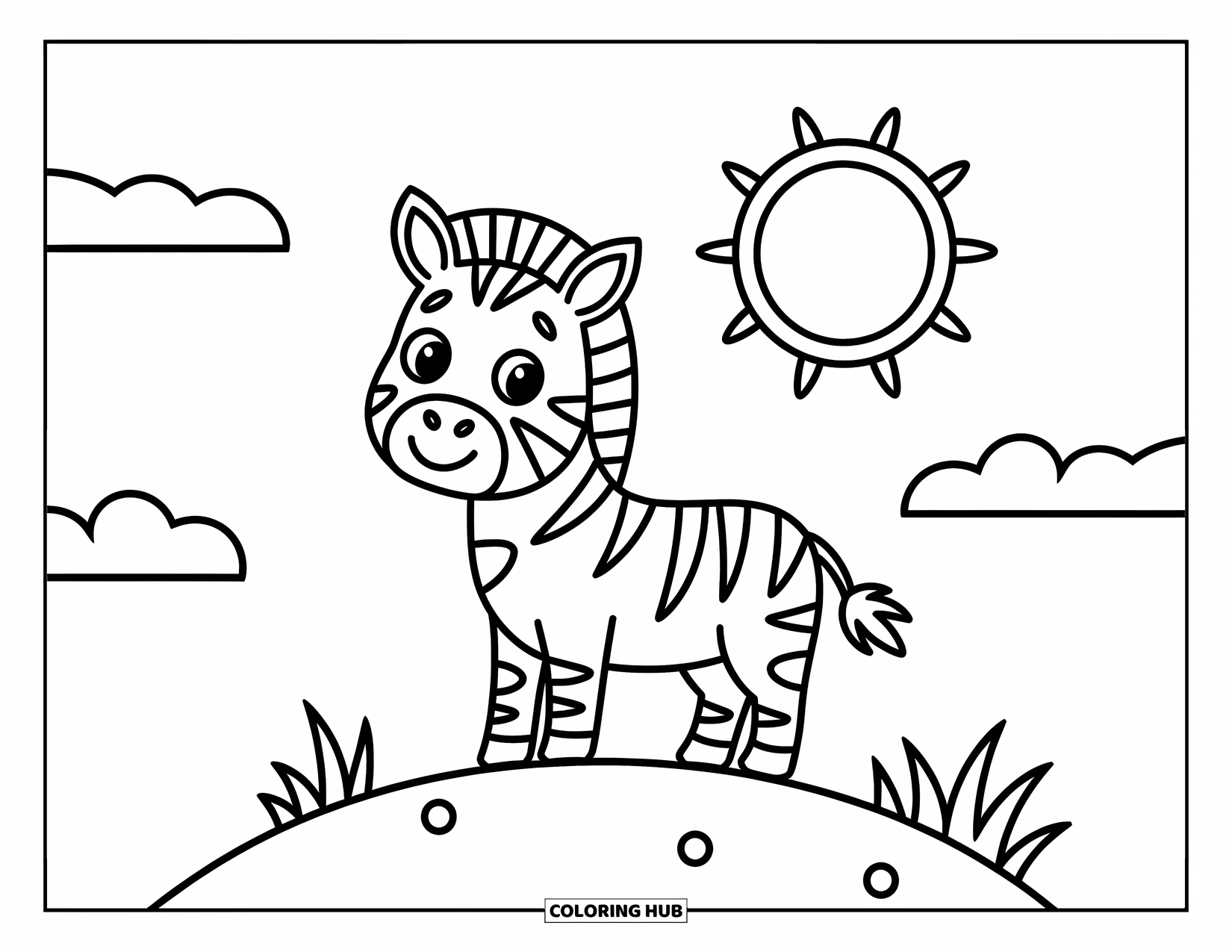 Zebra Coloring Page for Kids: Zebra stands on a sunny hill, smiling under a big friendly sun