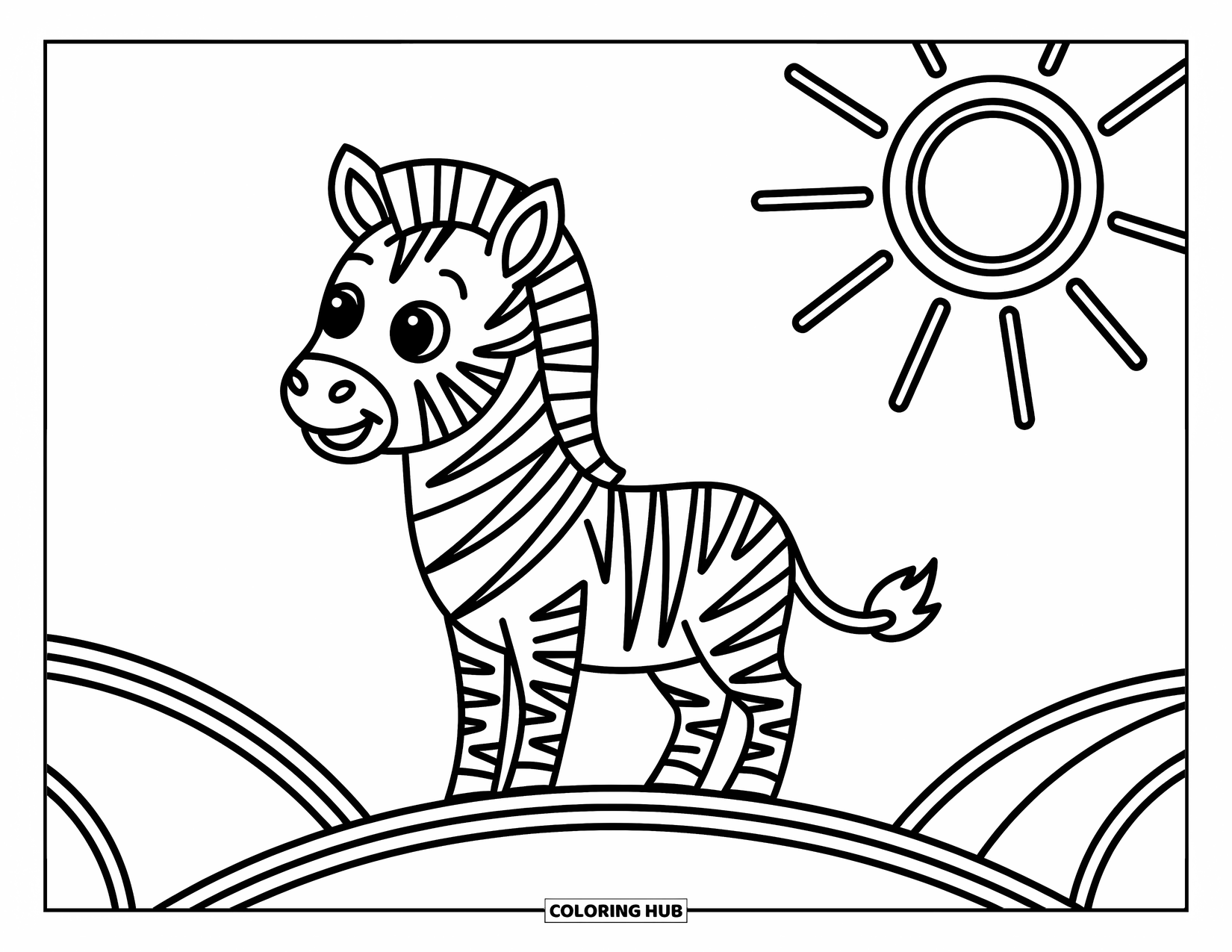 Zebra Coloring Page for Kids: Zebra stands proudly on a hill as the sun shines above