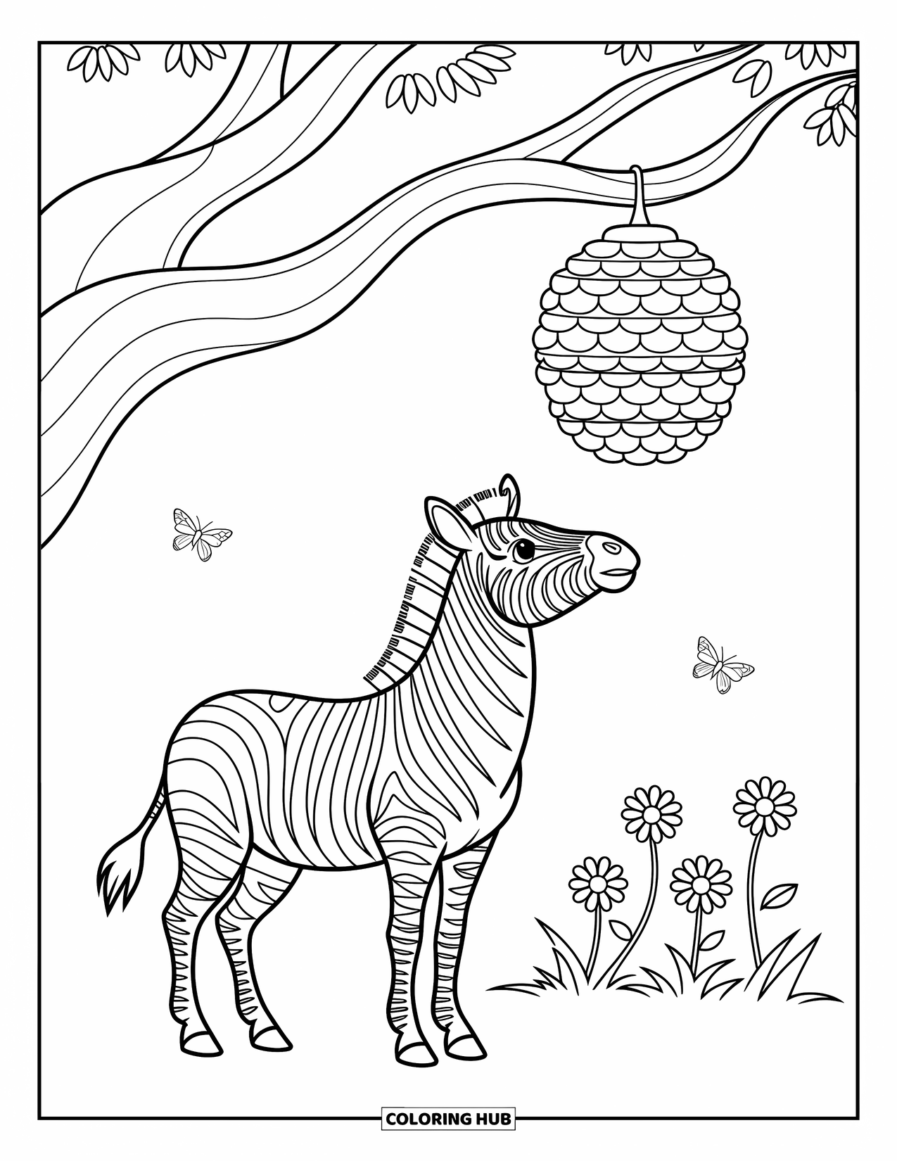 Zebra Coloring Page for Kids: Zebra stands under a tree, staring up at a hive with curious eyes