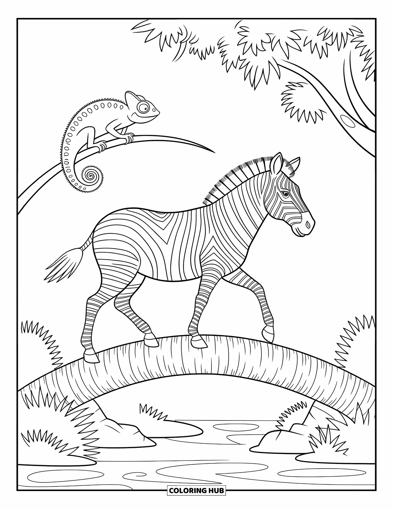 Zebra Coloring Page for Kids: Zebra steps carefully over a bridge while a chameleon peeks from a leaf