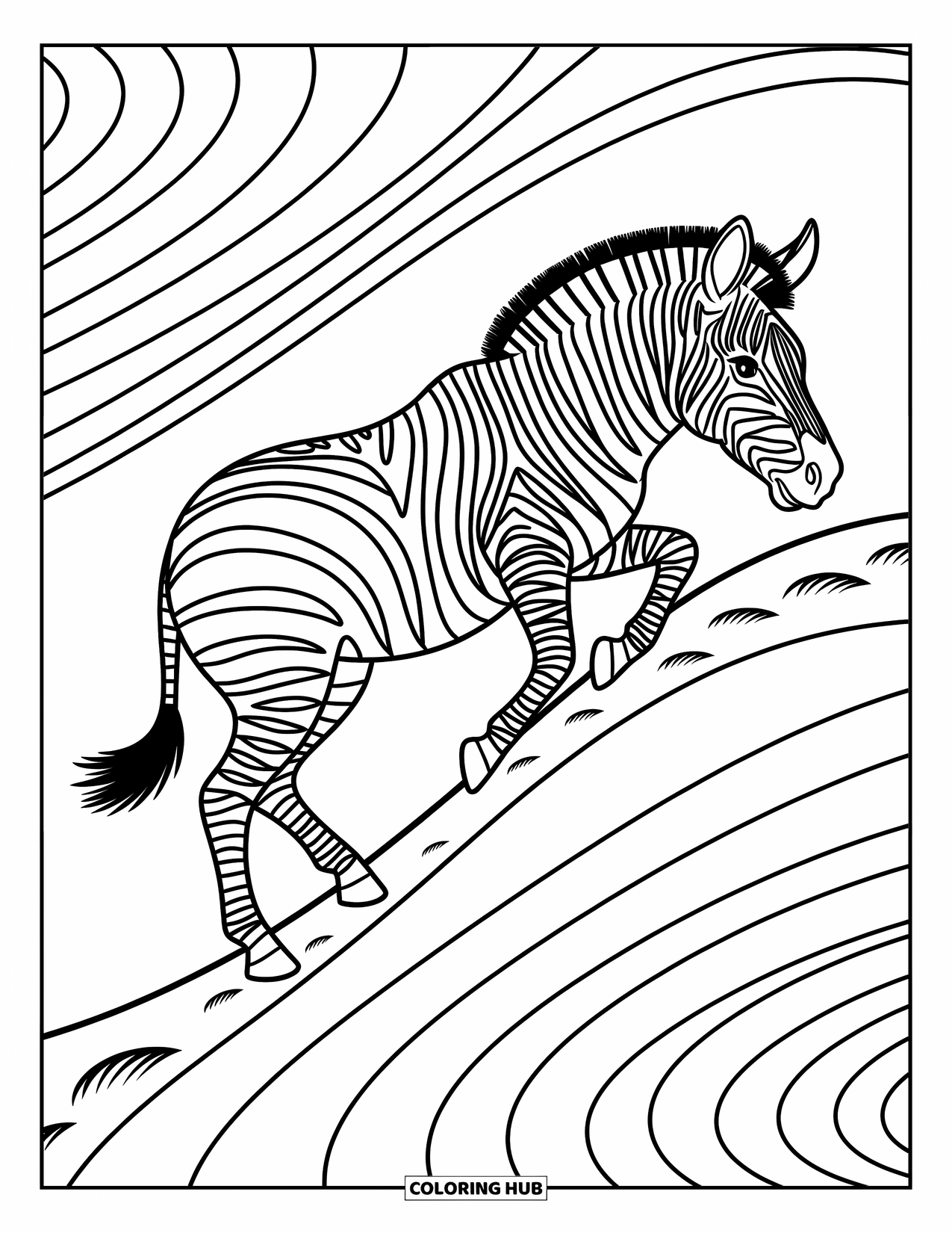 Zebra Coloring Page for Kids: Zebra steps up a hill, each hoofprint marking its quiet journey forward