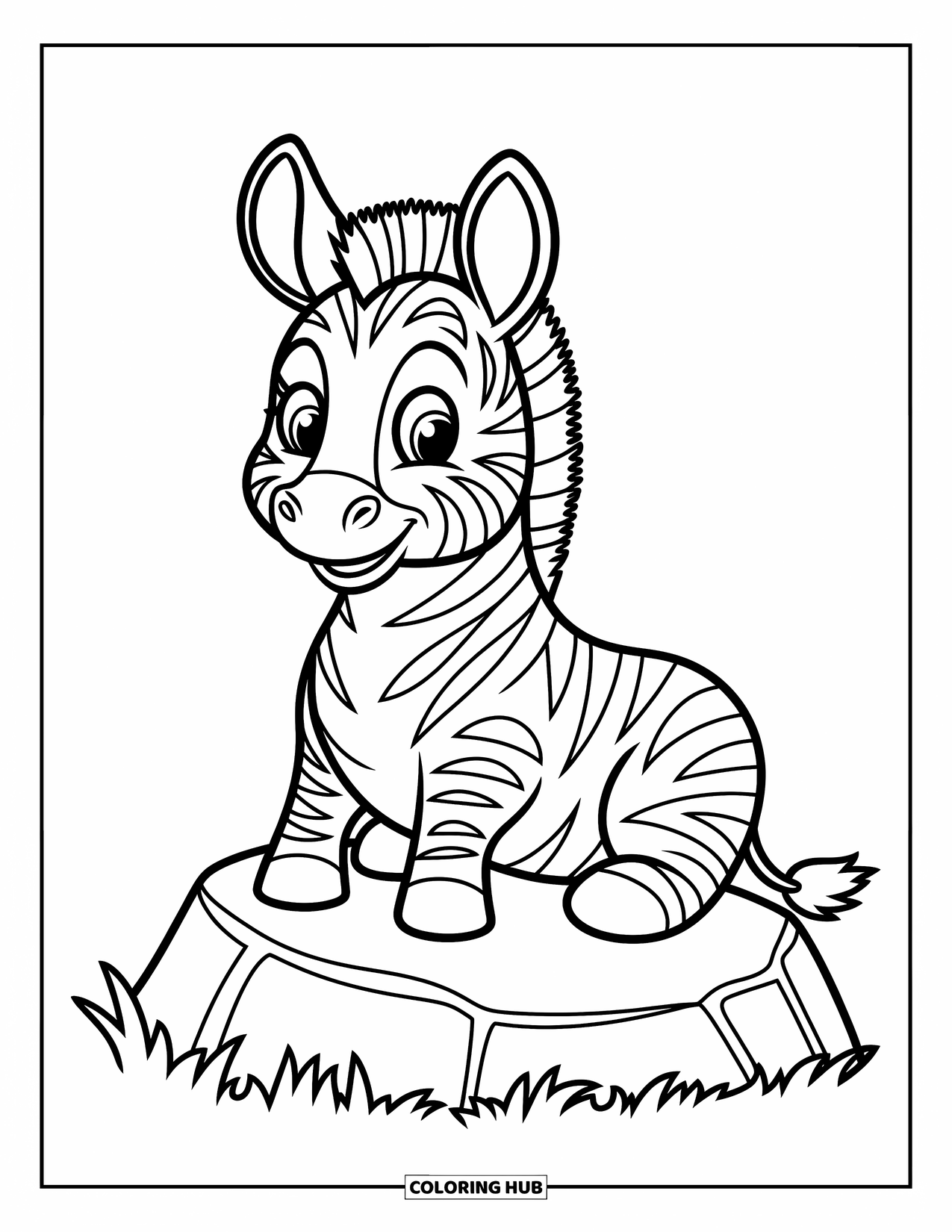 Zebra Coloring Page for Kids: Zebra with big eyes sits quietly on a rock, enjoying the moment