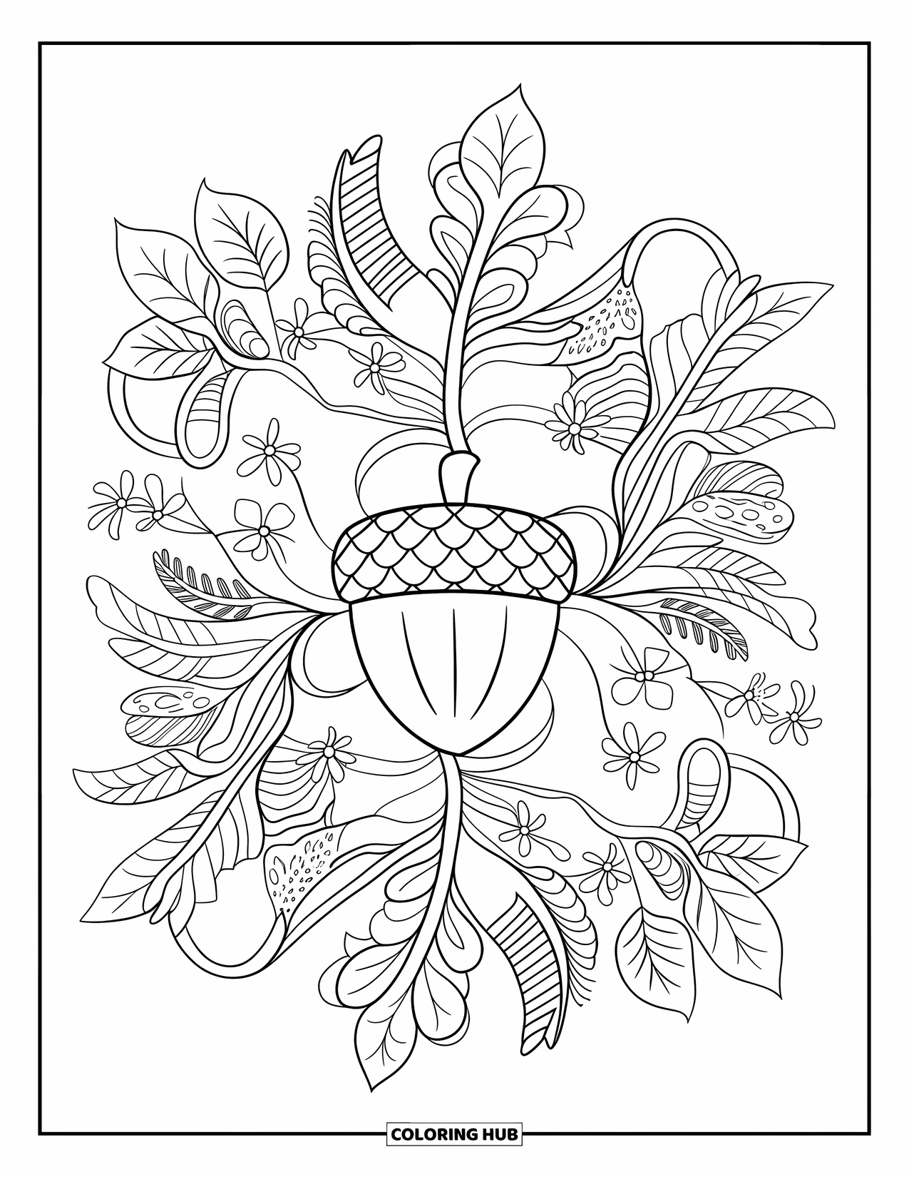 Acorn Coloring Page for Adults: A central acorn anchors a botanical mandala filled with vines and flowers