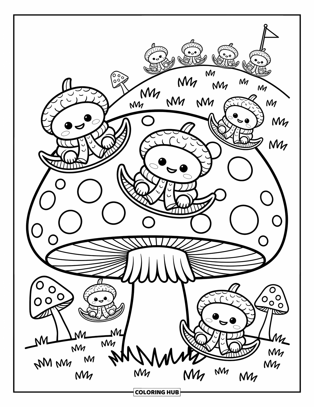 Acorn Coloring Page for Adults: Playful acorns race down a toadstool hill on leaf sleds with scarves flying