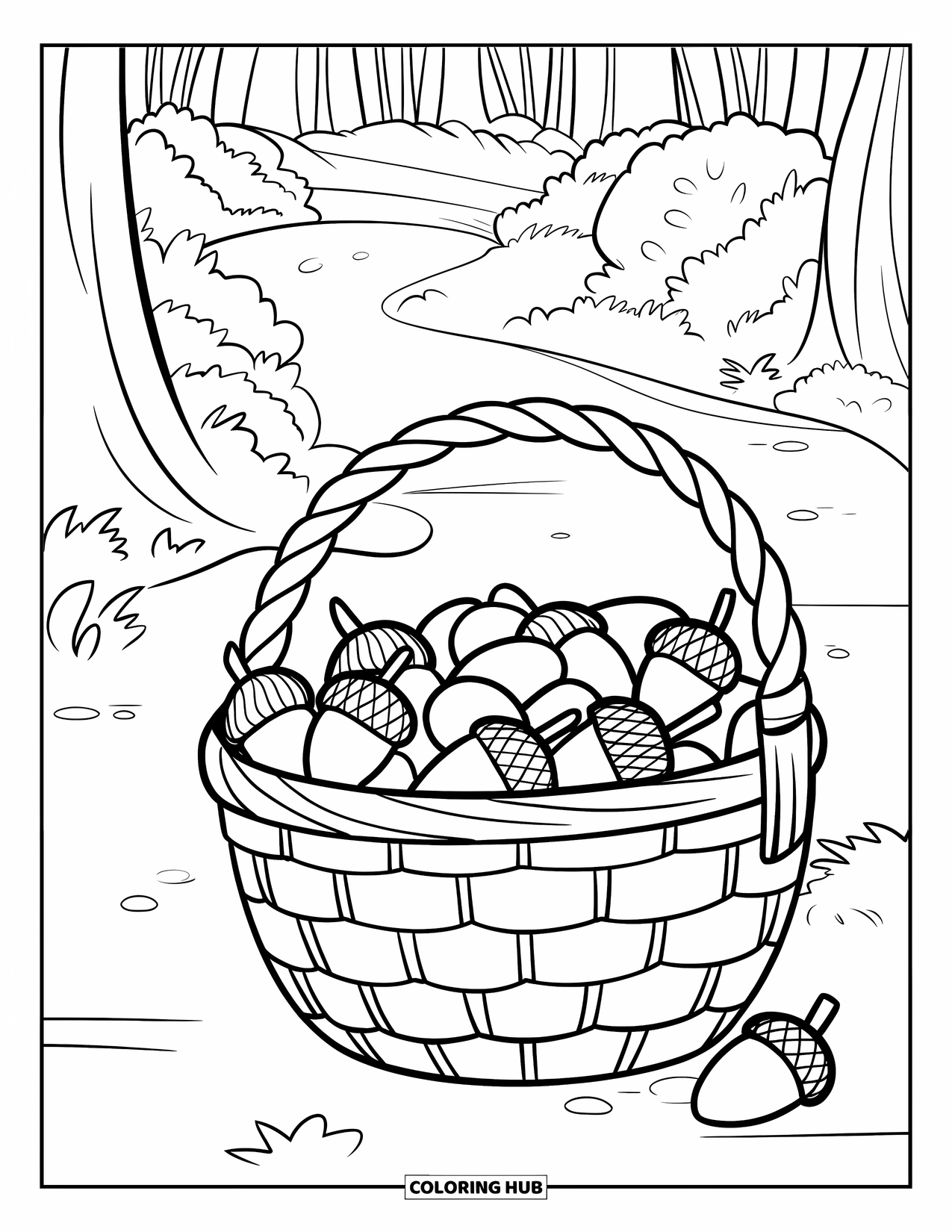 Acorn Coloring Page for Kids: A basket full of acorns rests beside a forest trail surrounded by trees