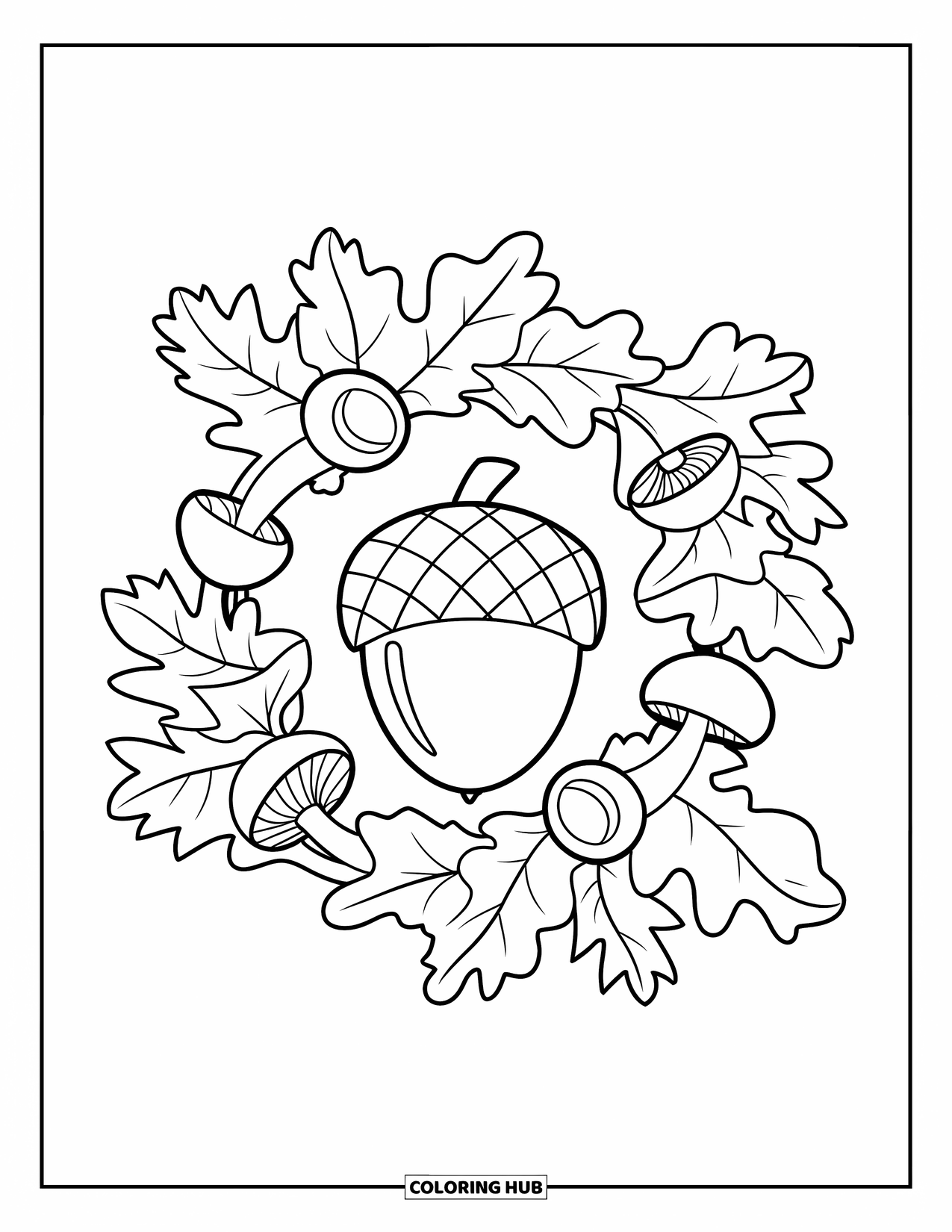 Acorn Coloring Page for Kids: A big acorn sits in the center of a wreath made of small acorns and mushrooms