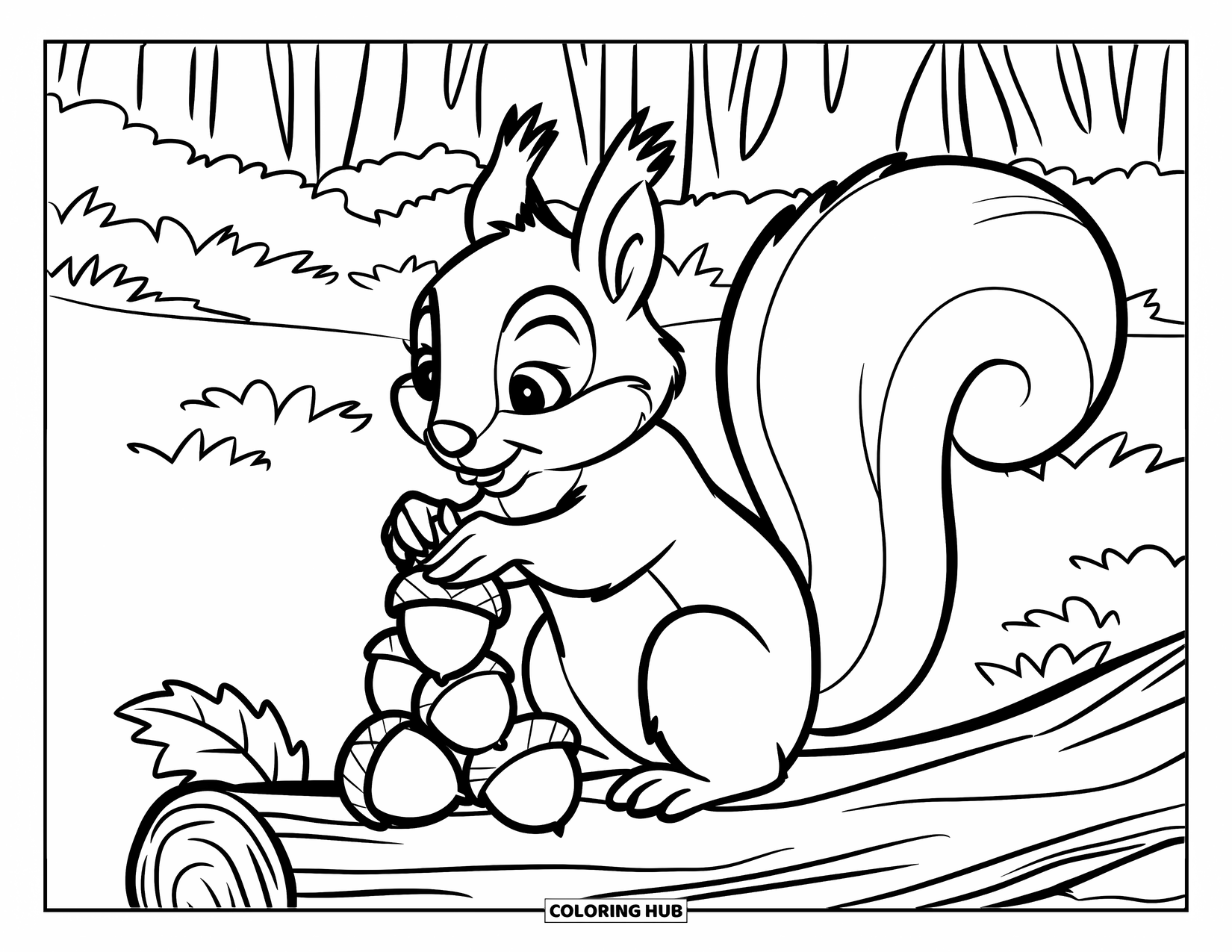 Acorn Coloring Page for Kids: A squirrel balances acorns into a pyramid beside a leaf-covered forest log