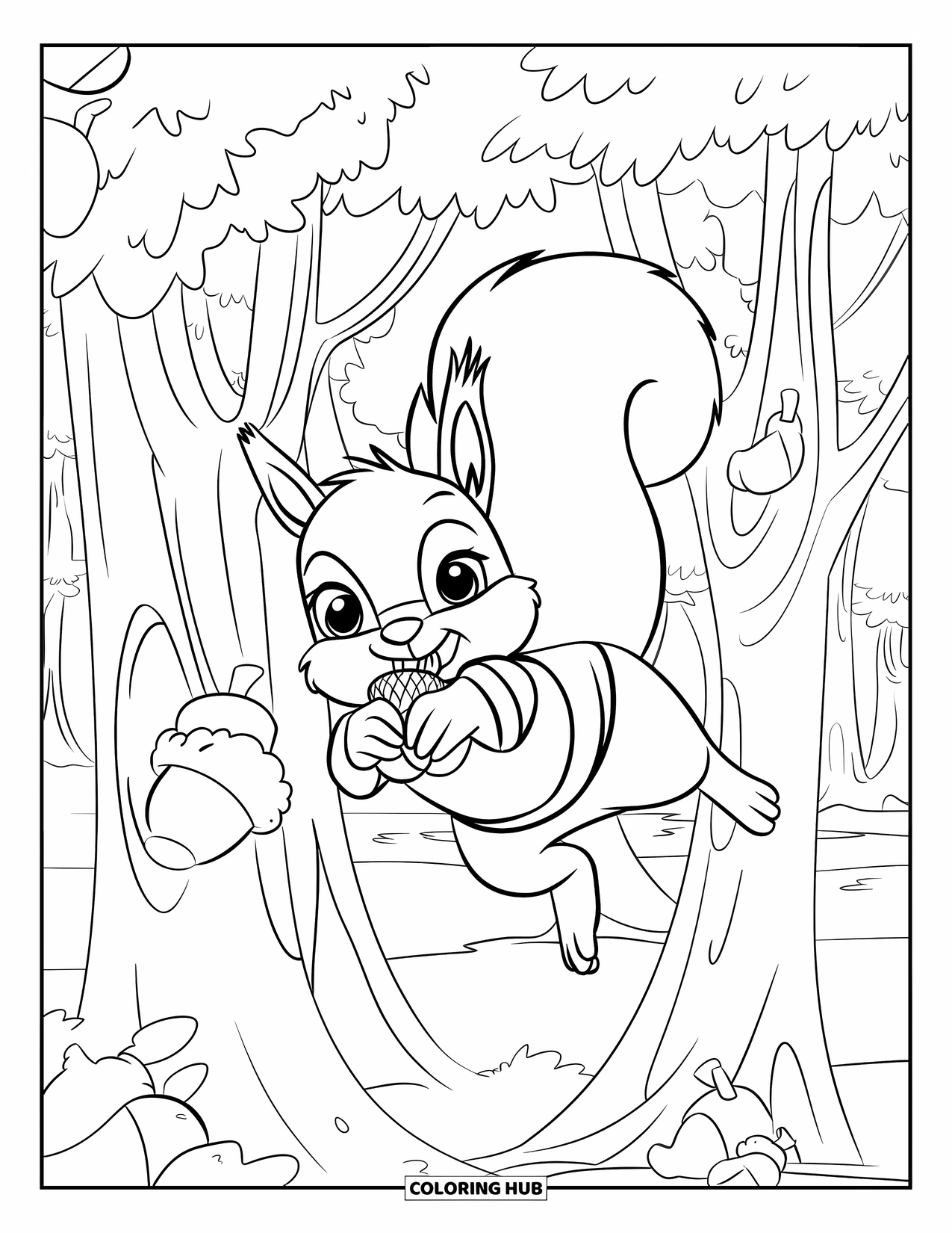 Acorn Coloring Page for Kids: A squirrel in a striped shirt leaps across trees with acorns all around