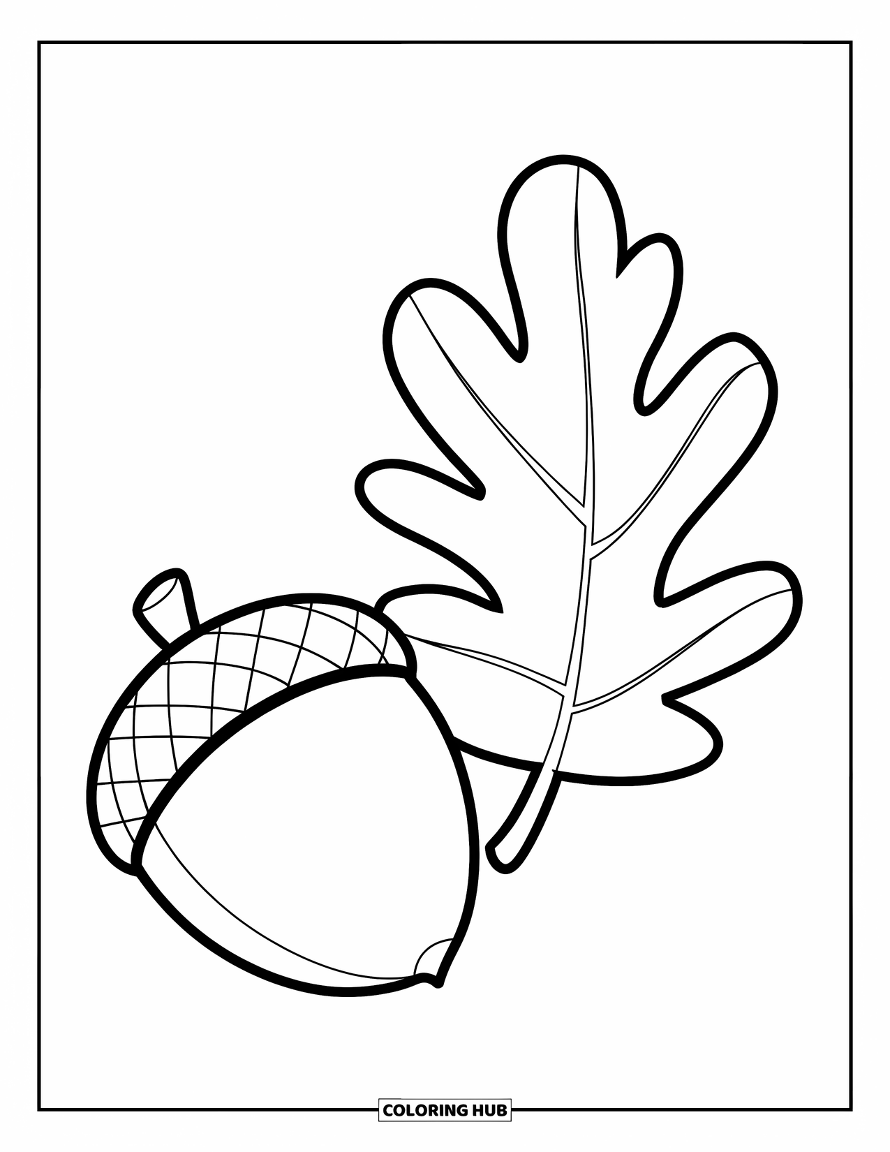 Acorn Coloring Page for Kids: An acorn and a bold oak leaf make a fun forest pair