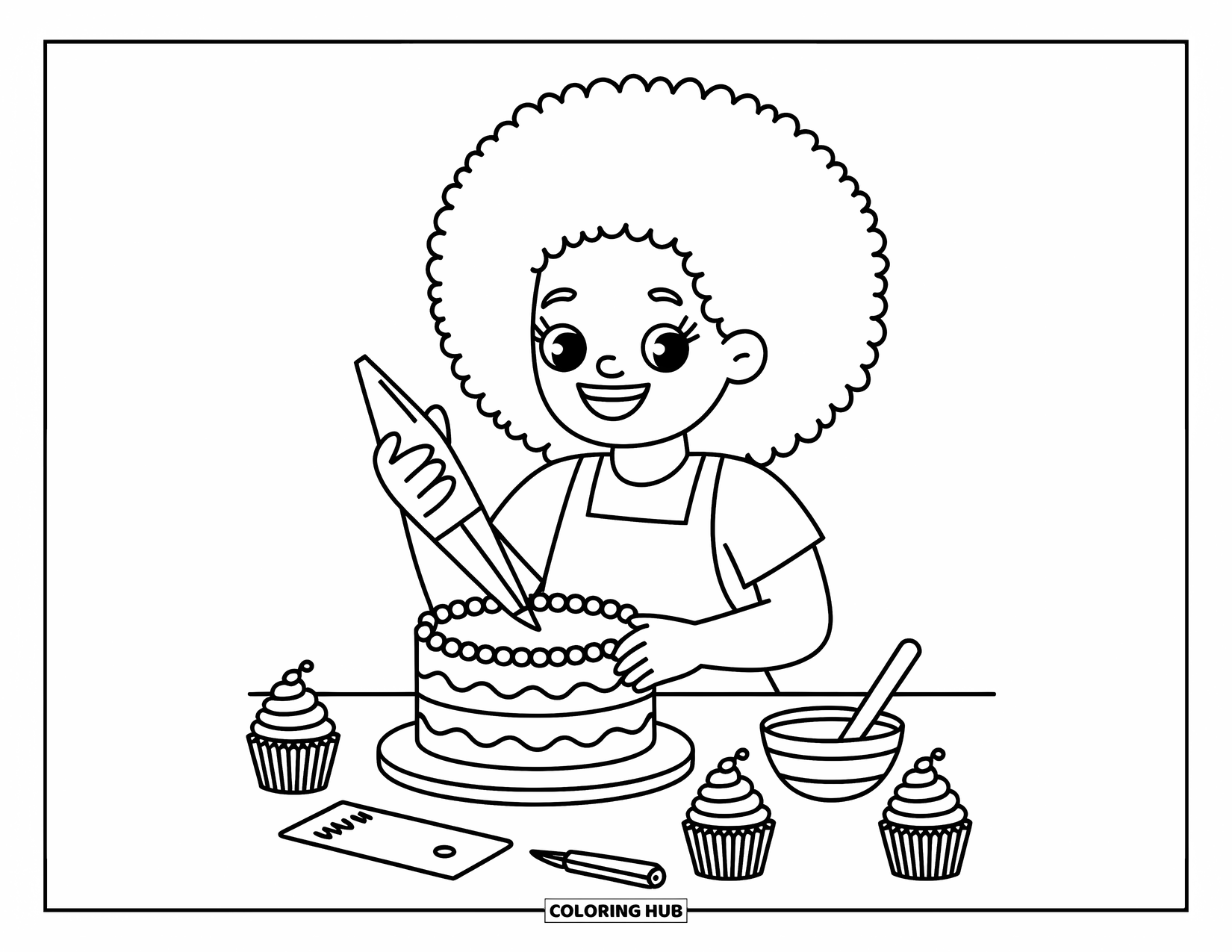 Afro Black Girl Coloring Page for Adults: A cheerful girl decorates a cake in a cozy bakery full of cute little items