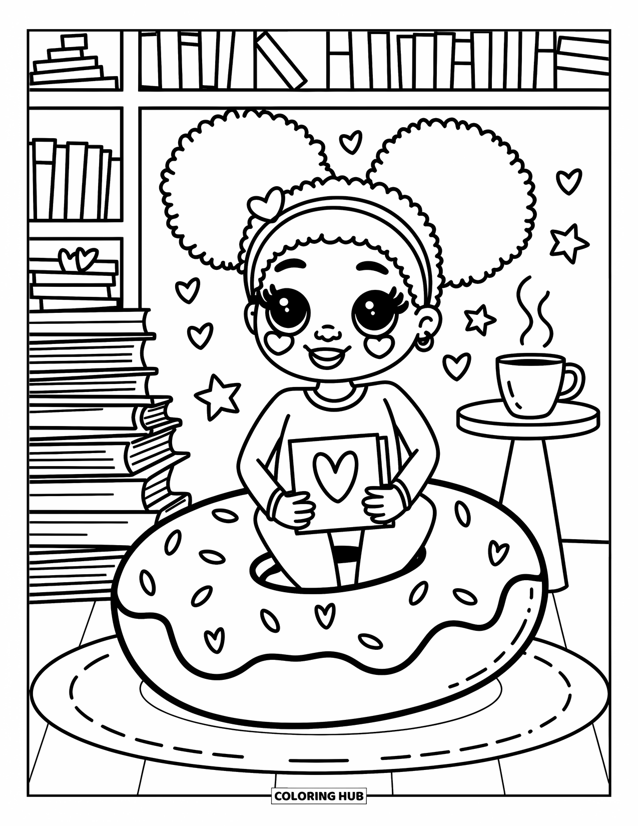 Afro Black Girl Coloring Page for Adults: A cozy girl lounges on a donut pillow with books, a mug, and floating stars