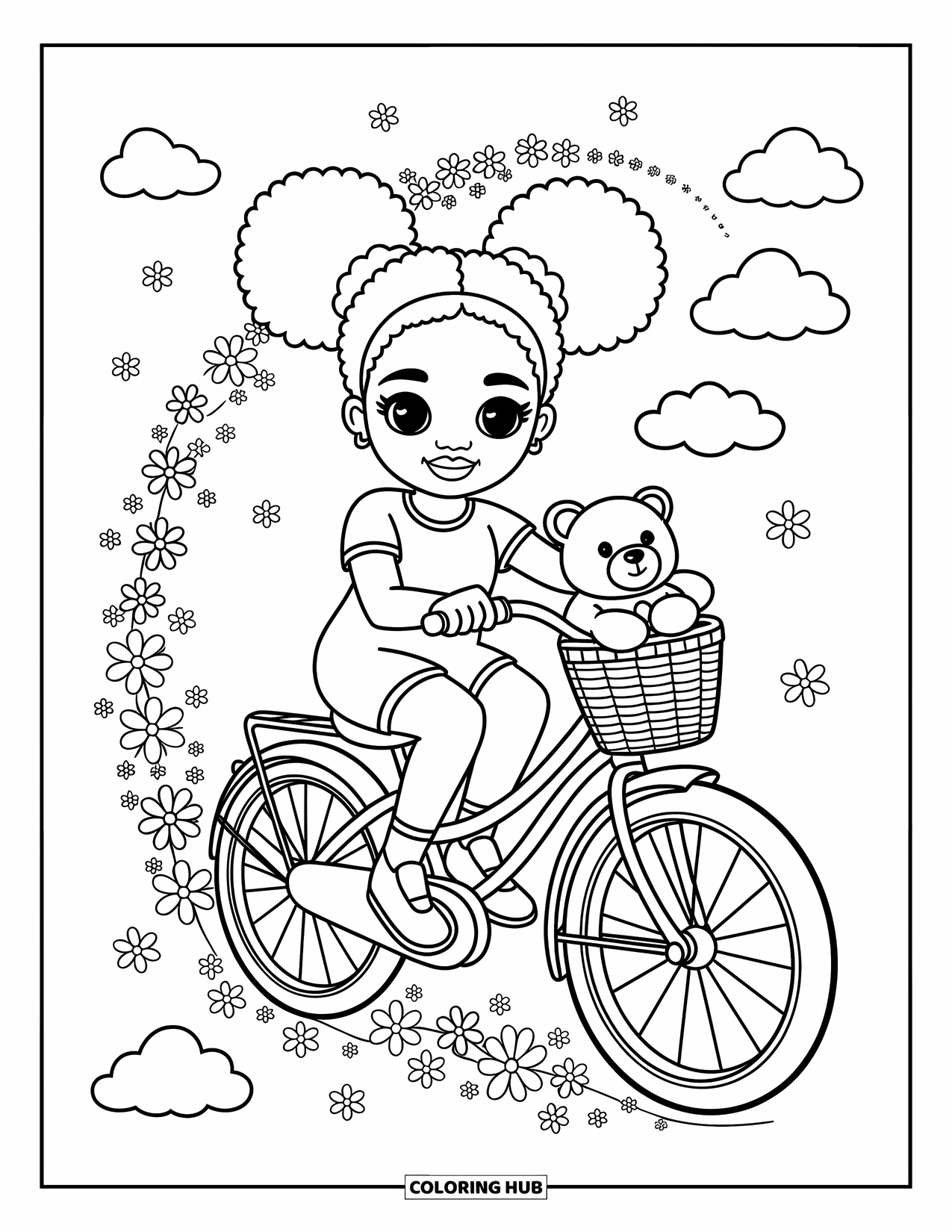 Afro Black Girl Coloring Page for Adults: A cute girl with space buns rides a bike with a stuffed bear in the basket