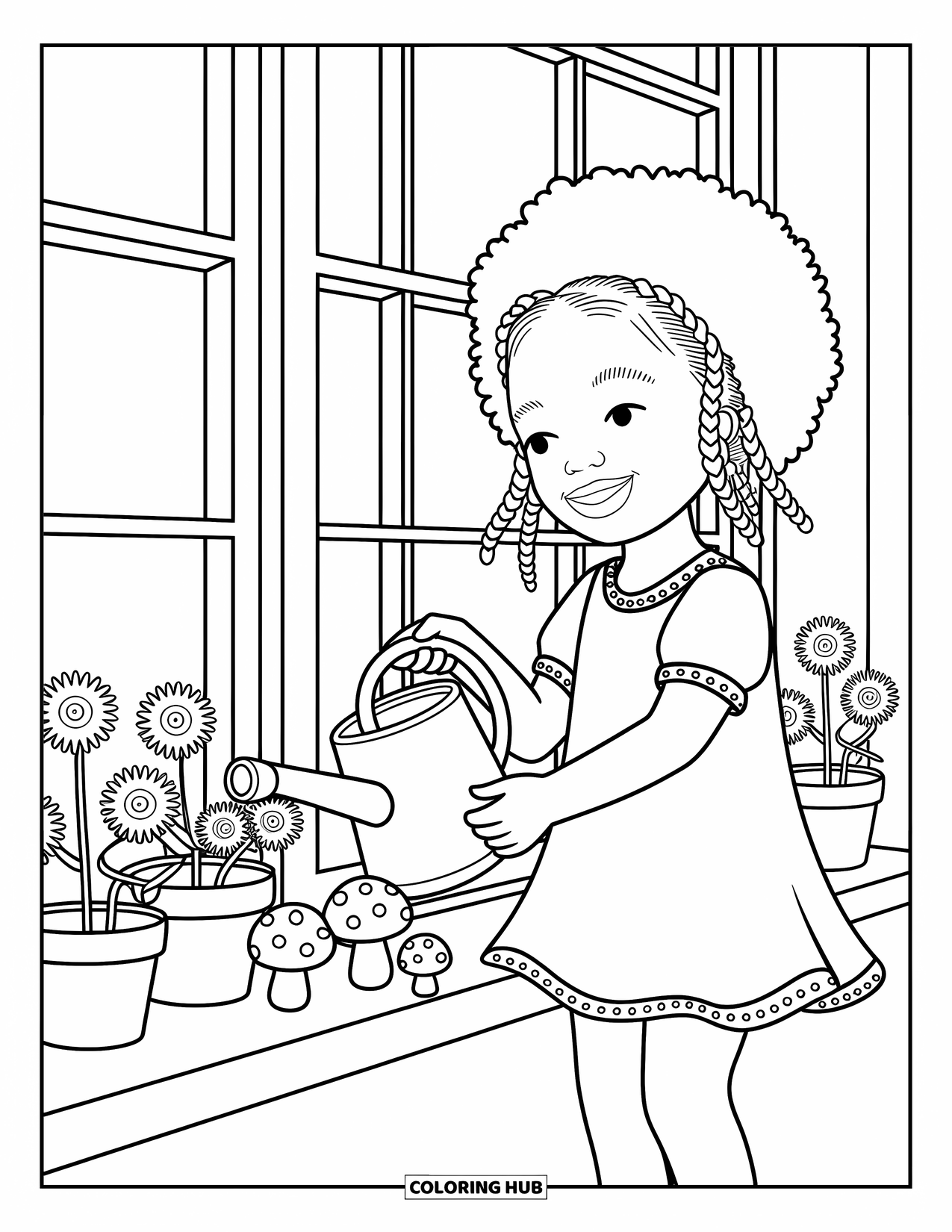 Afro Black Girl Coloring Page for Adults: A girl with twin buns waters plants beside mushrooms and fluttering sunflowers