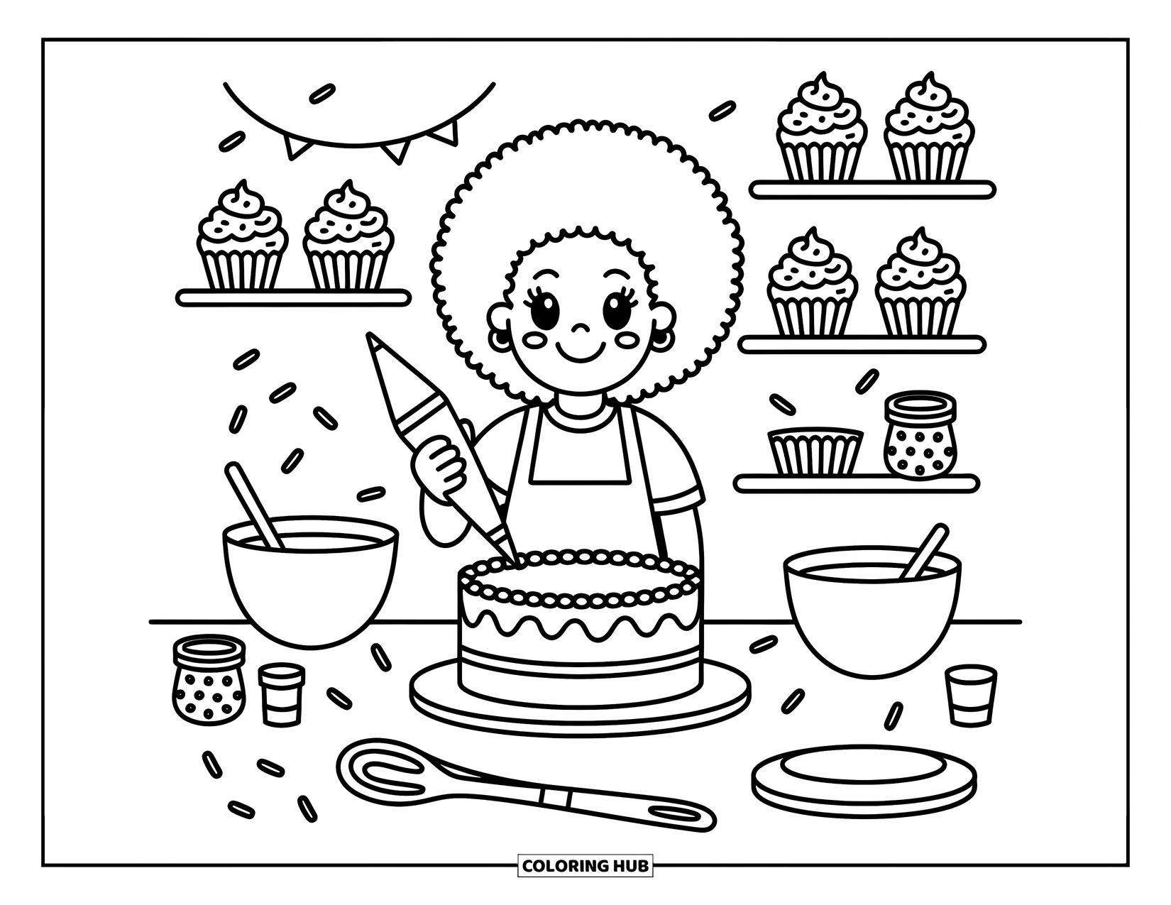 Afro Black Girl Coloring Page for Adults: A happy girl decorates a cake while surrounded by sprinkles, cupcakes, and baking tools