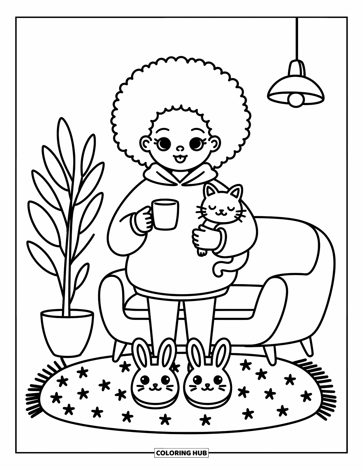 Afro Black Girl Coloring Page for Adults: A happy girl in an oversized hoodie holds a cat and a mug in her room