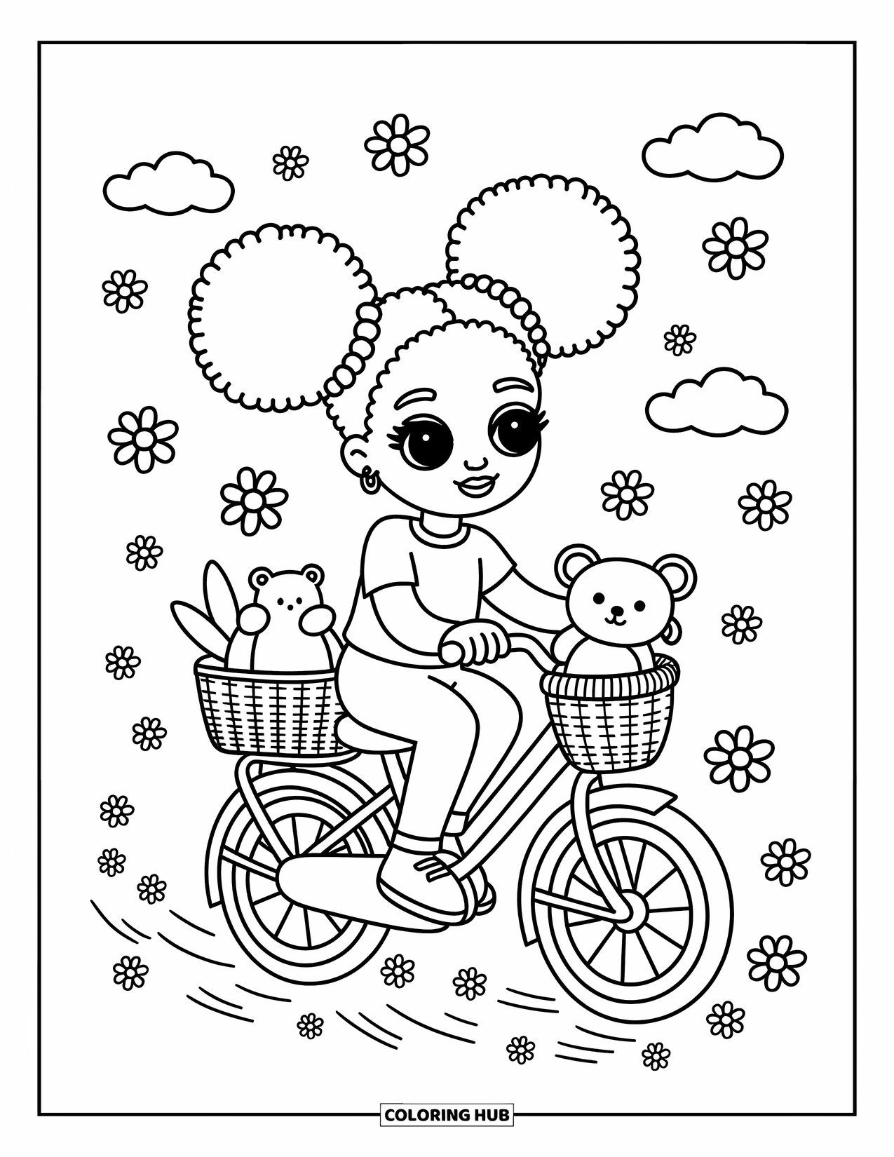 Afro Black Girl Coloring Page for Adults: A happy girl rides her bike with a bear and tiny clouds around her