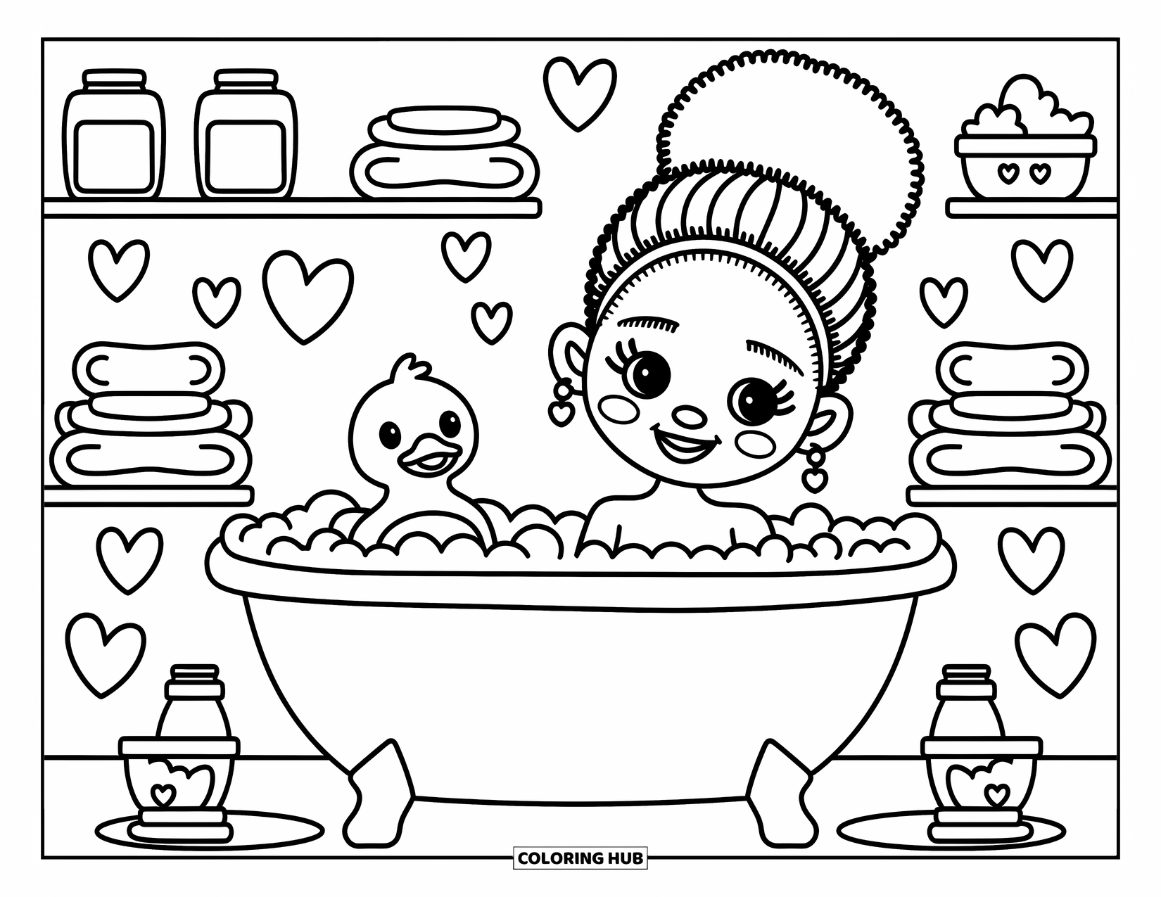 Afro Black Girl Coloring Page for Adults: A happy girl with a puff bun relaxes in a bubbly tub with a duck toy