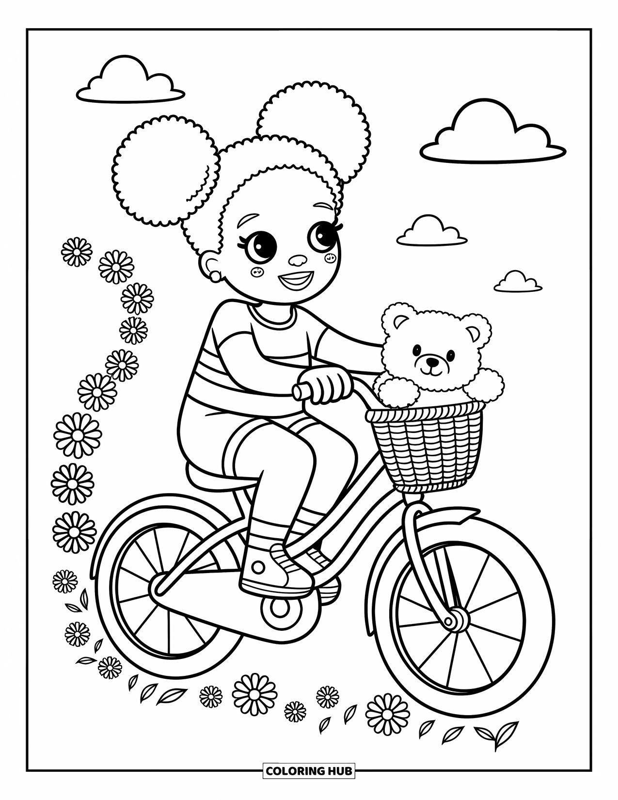 Afro Black Girl Coloring Page for Adults: A joyful girl bikes through floating flowers with her teddy in the basket