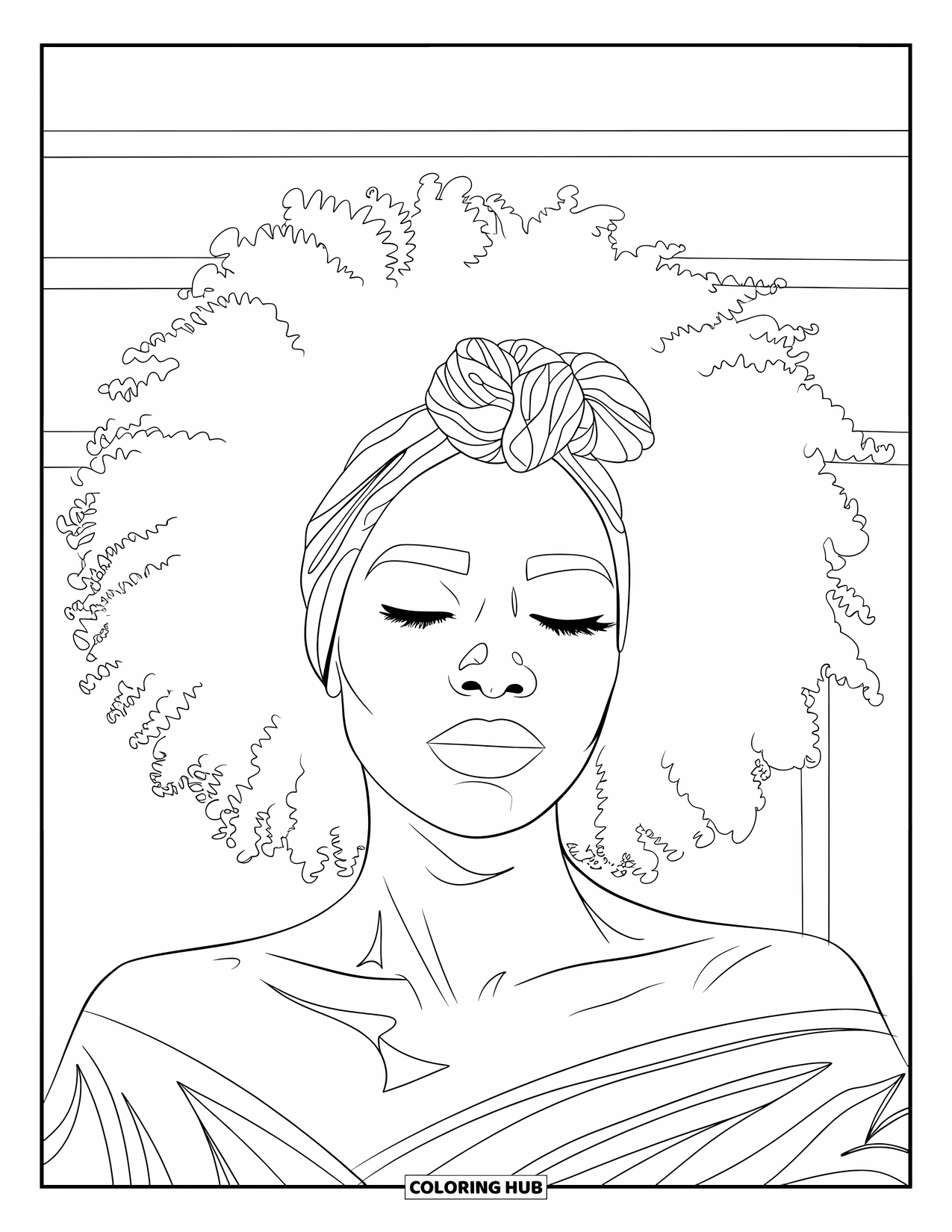 Afro Black Girl Coloring Page for Adults: A peaceful woman with a headwrap and afro rests in gentle stillness