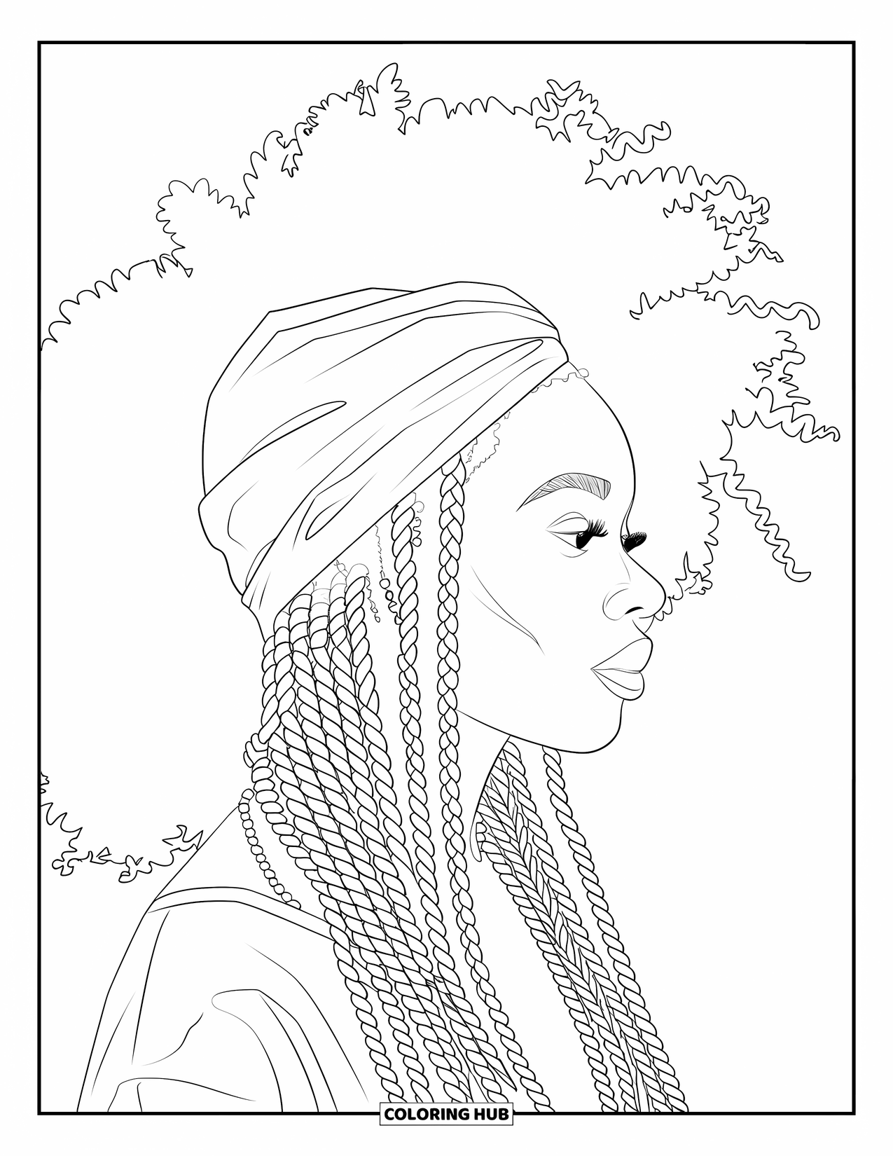 Afro Black Girl Coloring Page for Adults: A side profile of a woman with cornrows, jewelry, and a headwrap