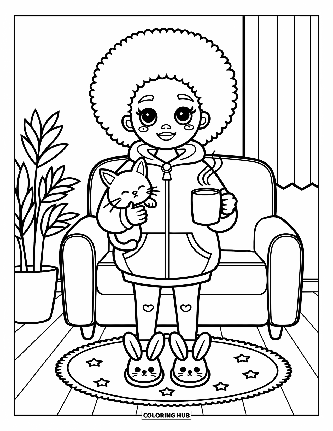 Afro Black Girl Coloring Page for Adults: A smiling girl cuddles a cat and drinks cocoa in her cozy, star-decorated room