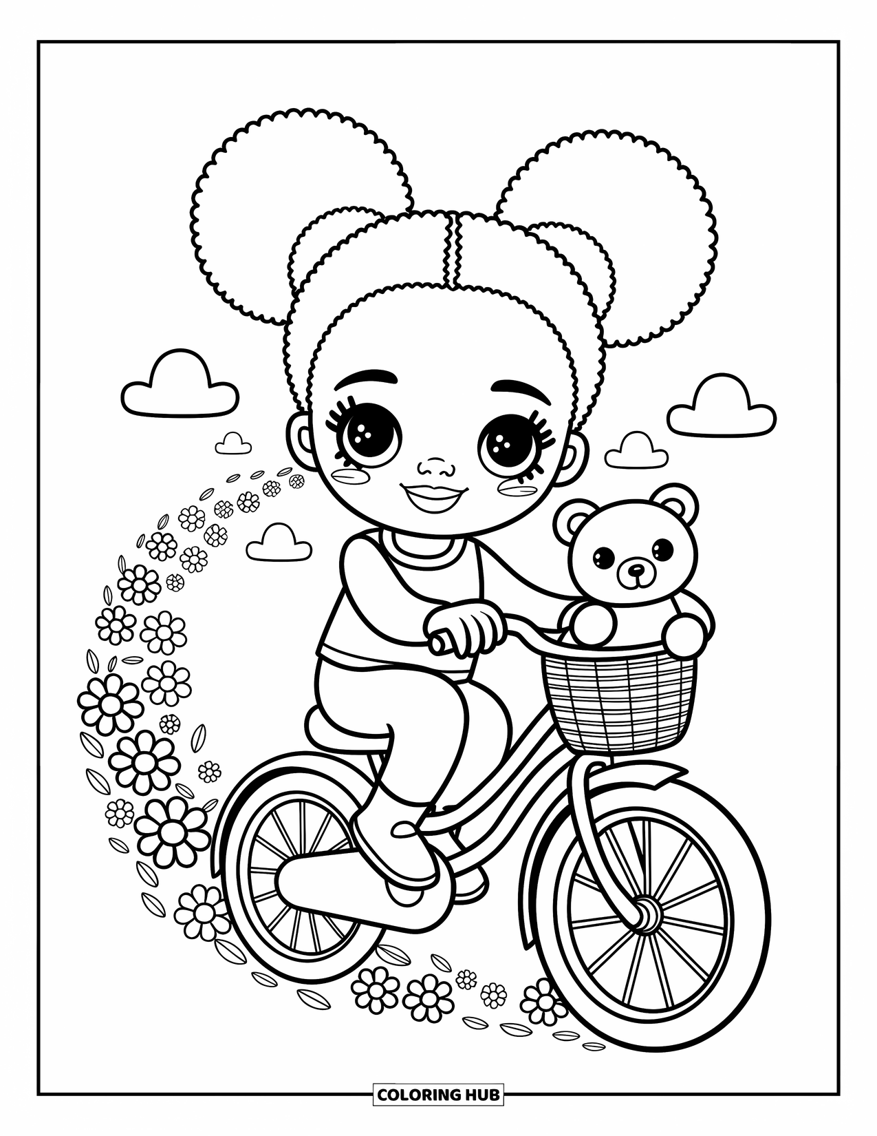 Afro Black Girl Coloring Page for Adults: A smiling girl rides a bike through flowers with a bear in her basket