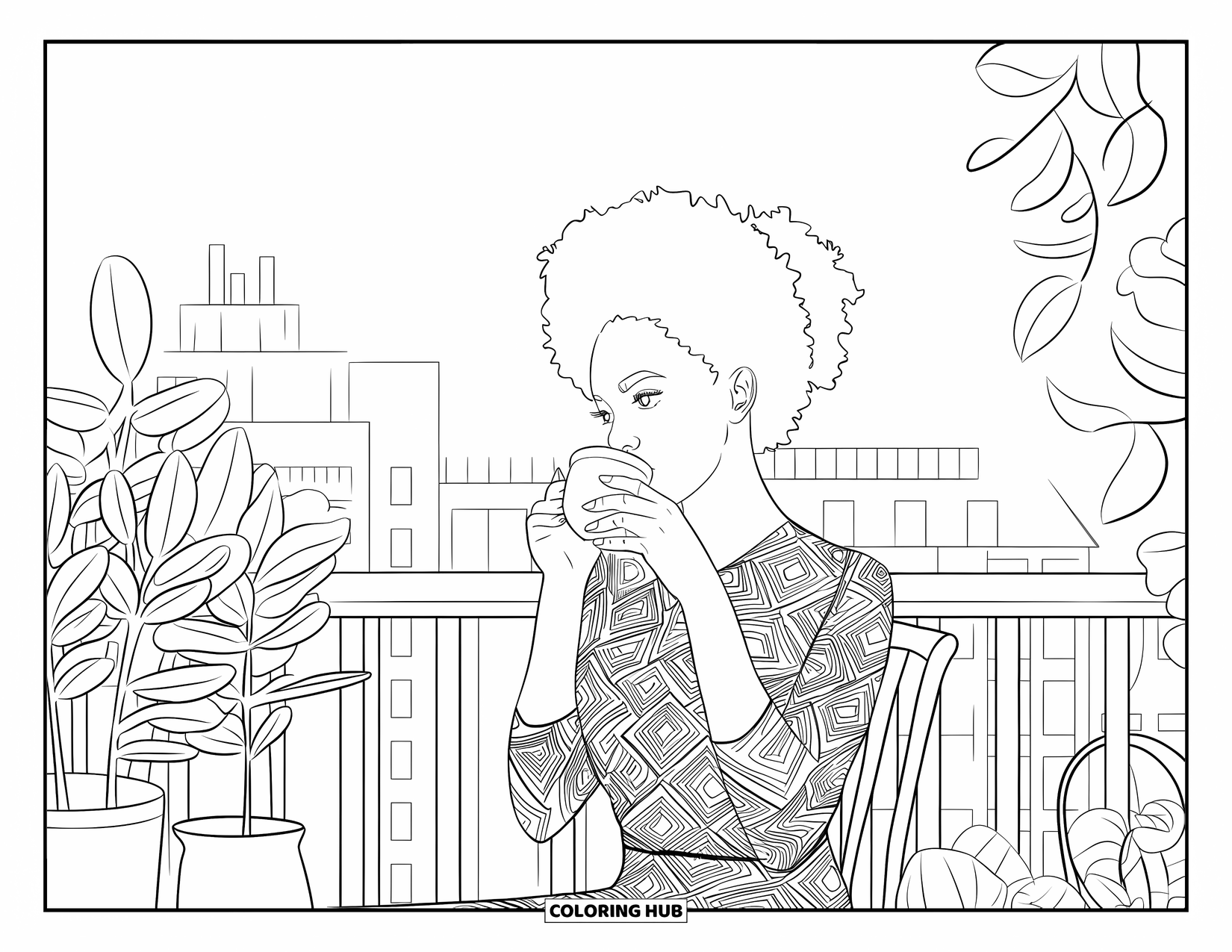 Afro Black Girl Coloring Page for Adults: A woman sips tea on a balcony filled with plants and city views