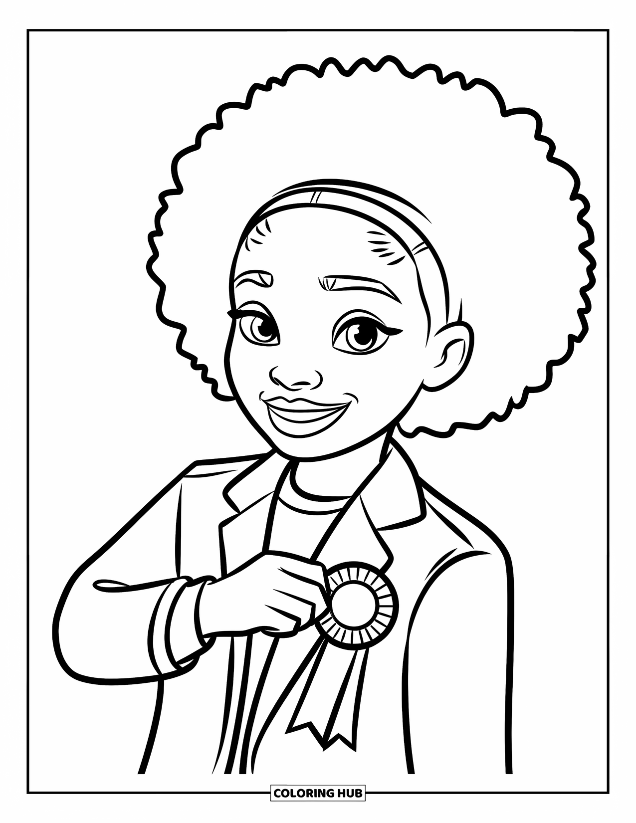 Afro Black Girl Coloring Page for Kids: A cheerful girl pins a ribbon on her jacket with no background