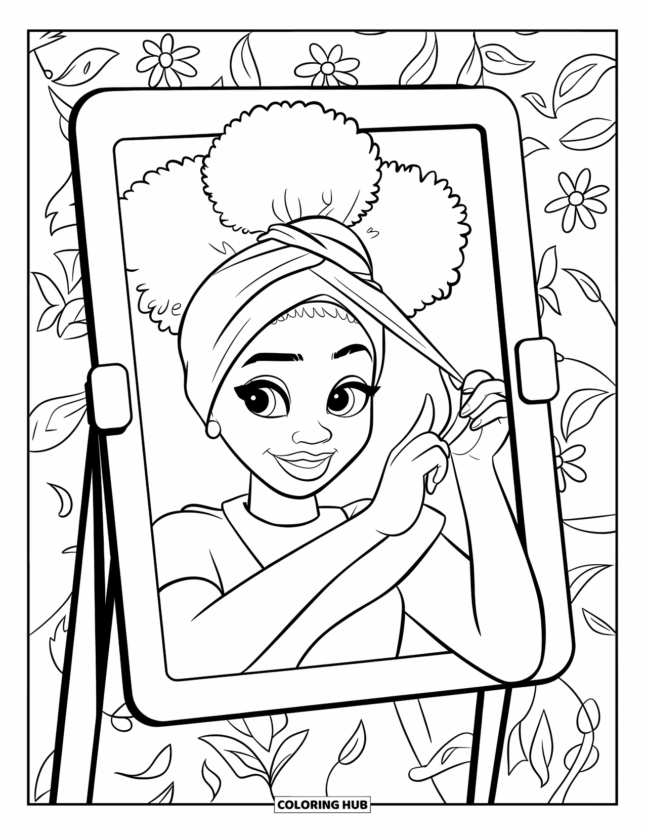 Afro Black Girl Coloring Page for Kids: A cheerful girl ties her headwrap in front of a flower-patterned mirror