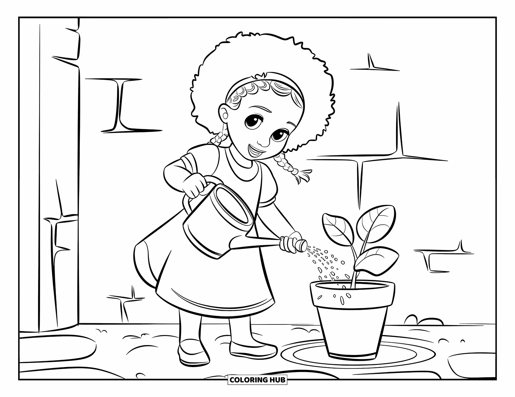 Afro Black Girl Coloring Page for Kids: A cheerful girl waters a plant beside a cracked white wall