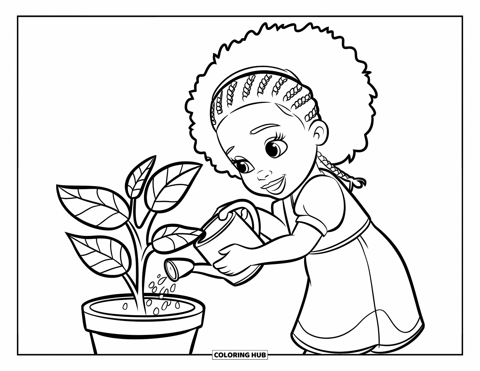 Afro Black Girl Coloring Page for Kids: A cheerful girl waters a potted plant with braided hair and a smile