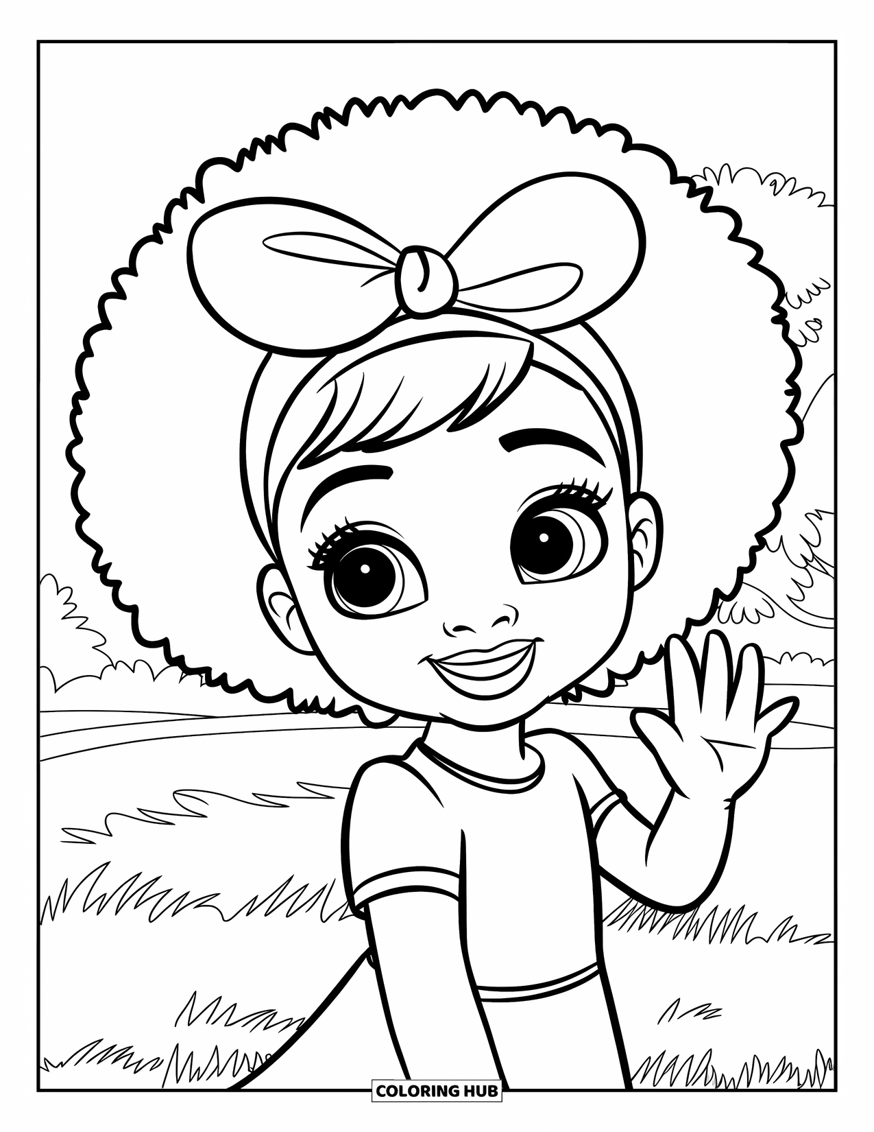 Afro Black Girl Coloring Page for Kids: A cheerful girl with a bow waves from a grassy field with trees behind her