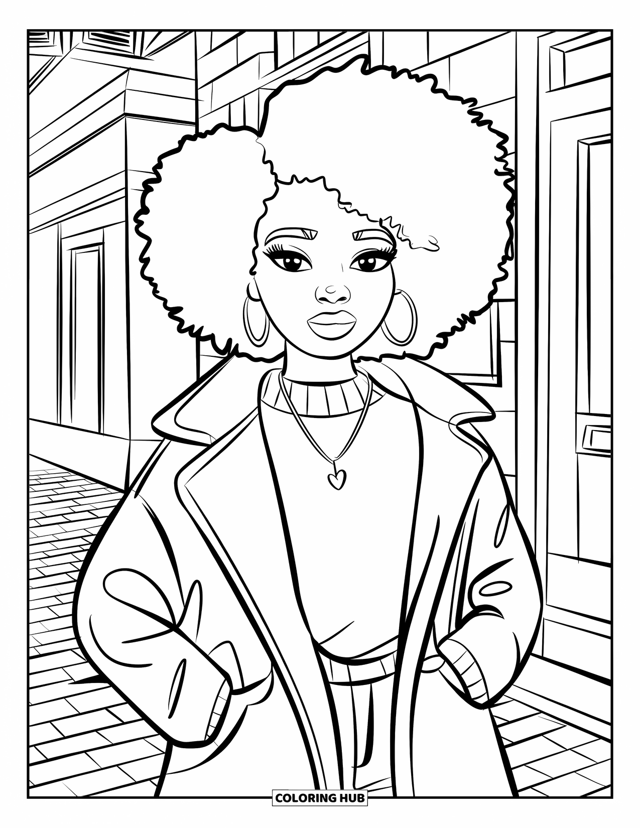 Afro Black Girl Coloring Page for Kids: A confident girl in a sweater and coat stands on a brick sidewalk