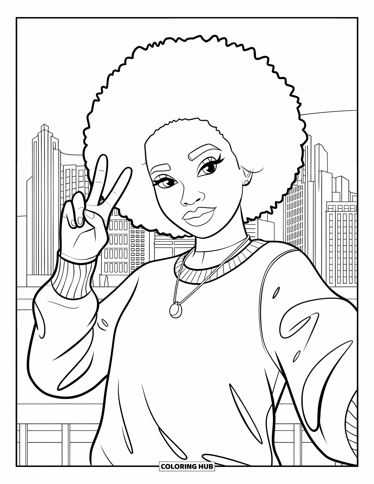 Afro Black Girl Coloring Page for Kids: A confident teen girl takes a selfie with a peace sign and a city skyline