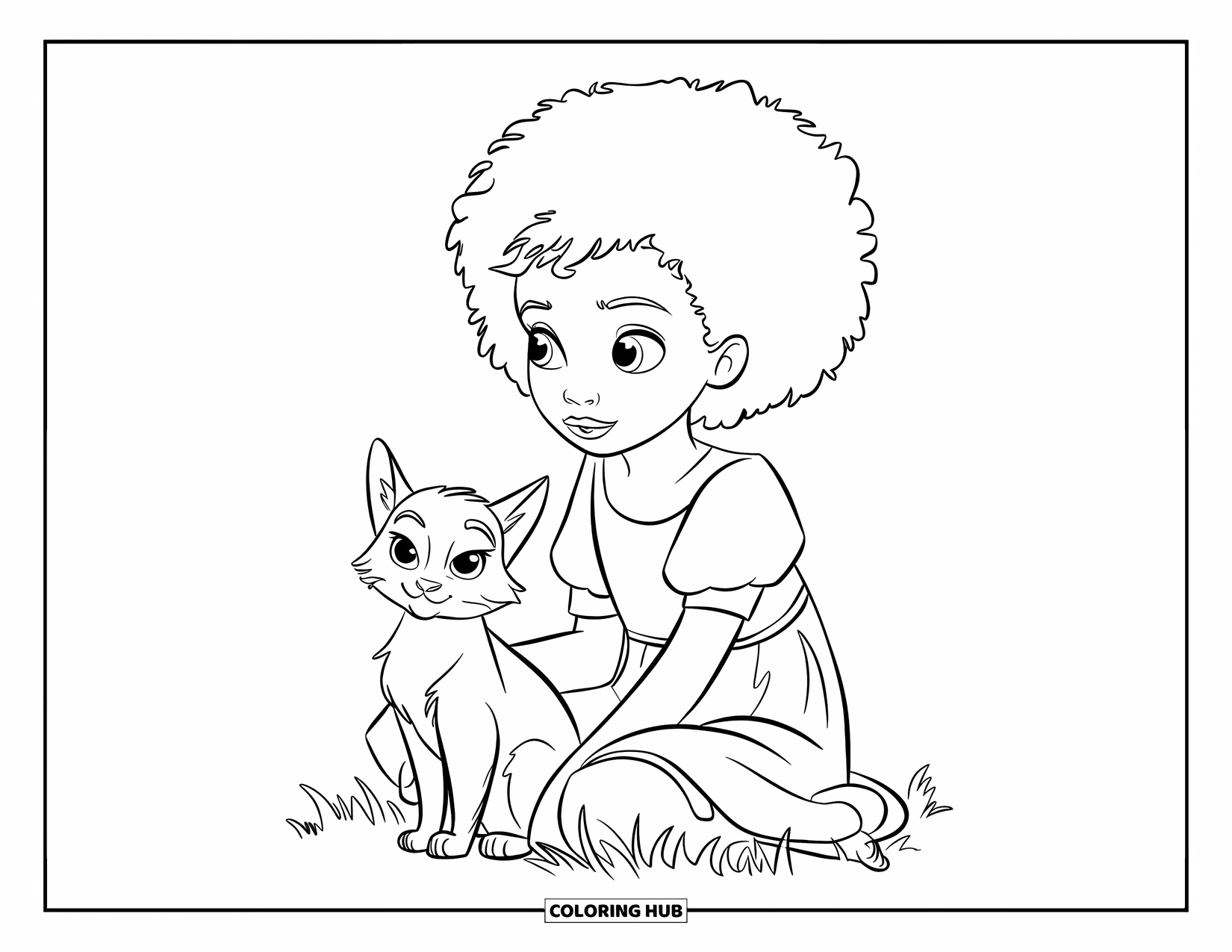 Afro Black Girl Coloring Page for Kids: A curious girl in a yellow dress sits on grass with a black-and-white cat