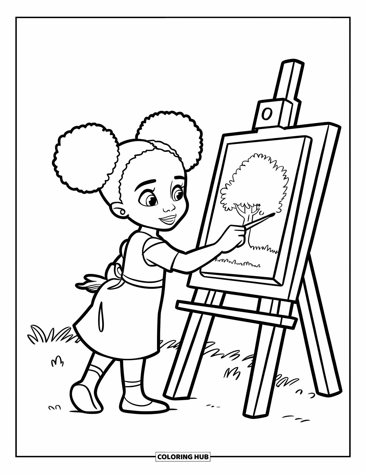 Afro Black Girl Coloring Page for Kids: A girl with puff buns paints a tree at her easel in the open field