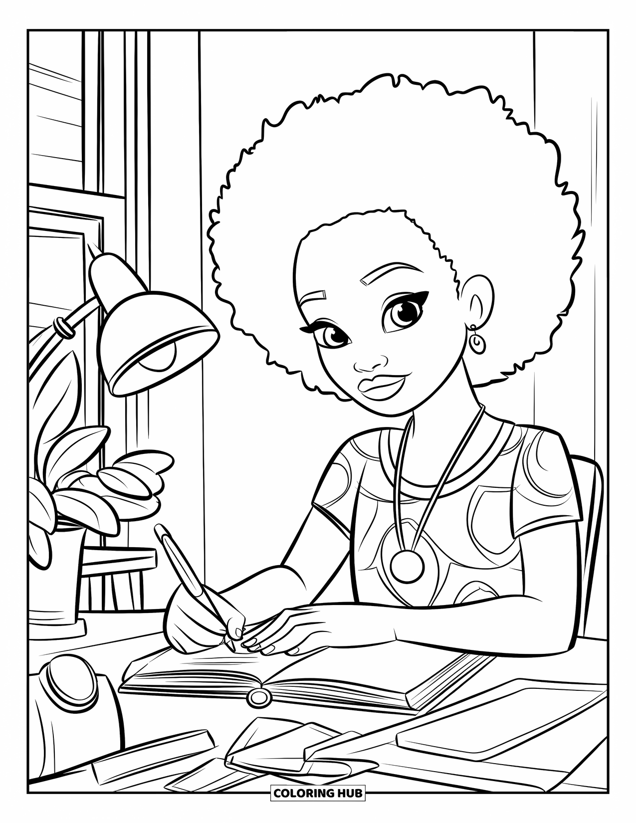 Afro Black Girl Coloring Page for Kids: A girl writes in her journal beside a cozy window with plants and a lamp