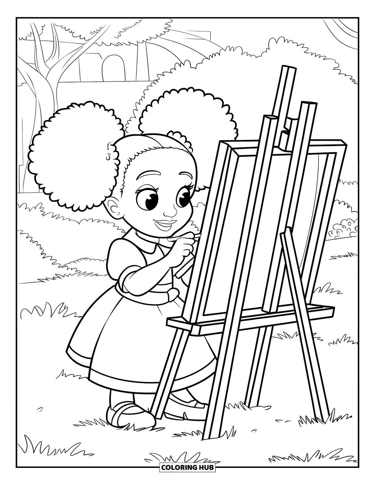 Afro Black Girl Coloring Page for Kids: A happy girl in a dress paints outside on a sunny grassy field