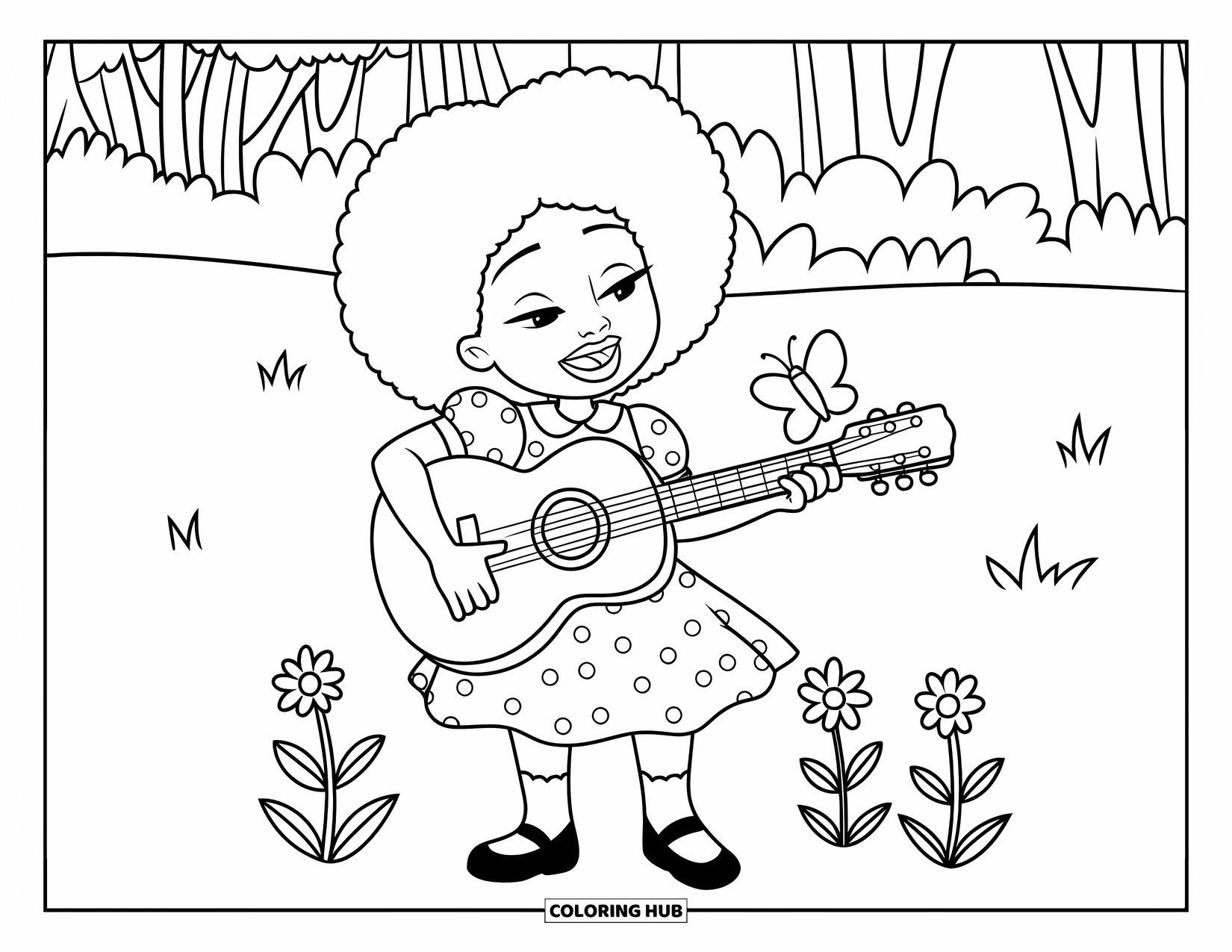 Afro Black Girl Coloring Page for Kids: A happy girl in polka dots sings with her guitar on a grassy field