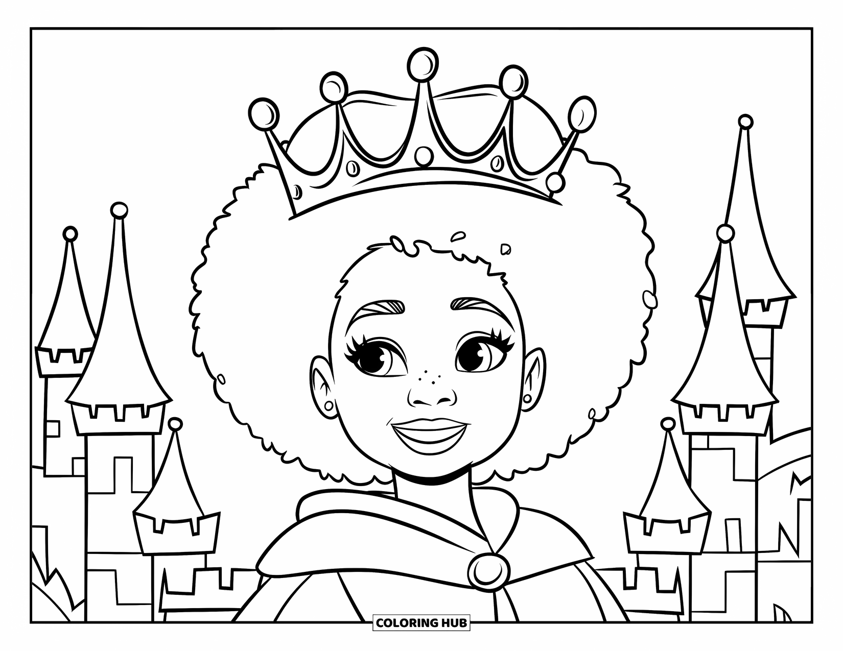 Afro Black Girl Coloring Page for Kids: A happy girl with a royal robe smiles in front of a castle
