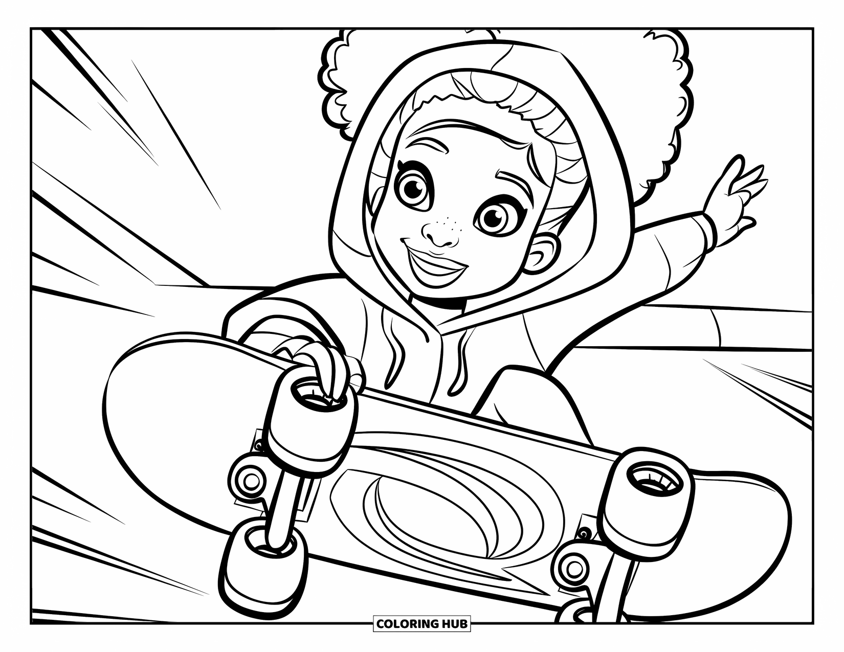 Afro Black Girl Coloring Page for Kids: A joyful girl rides her skateboard mid-air in a hoodie
