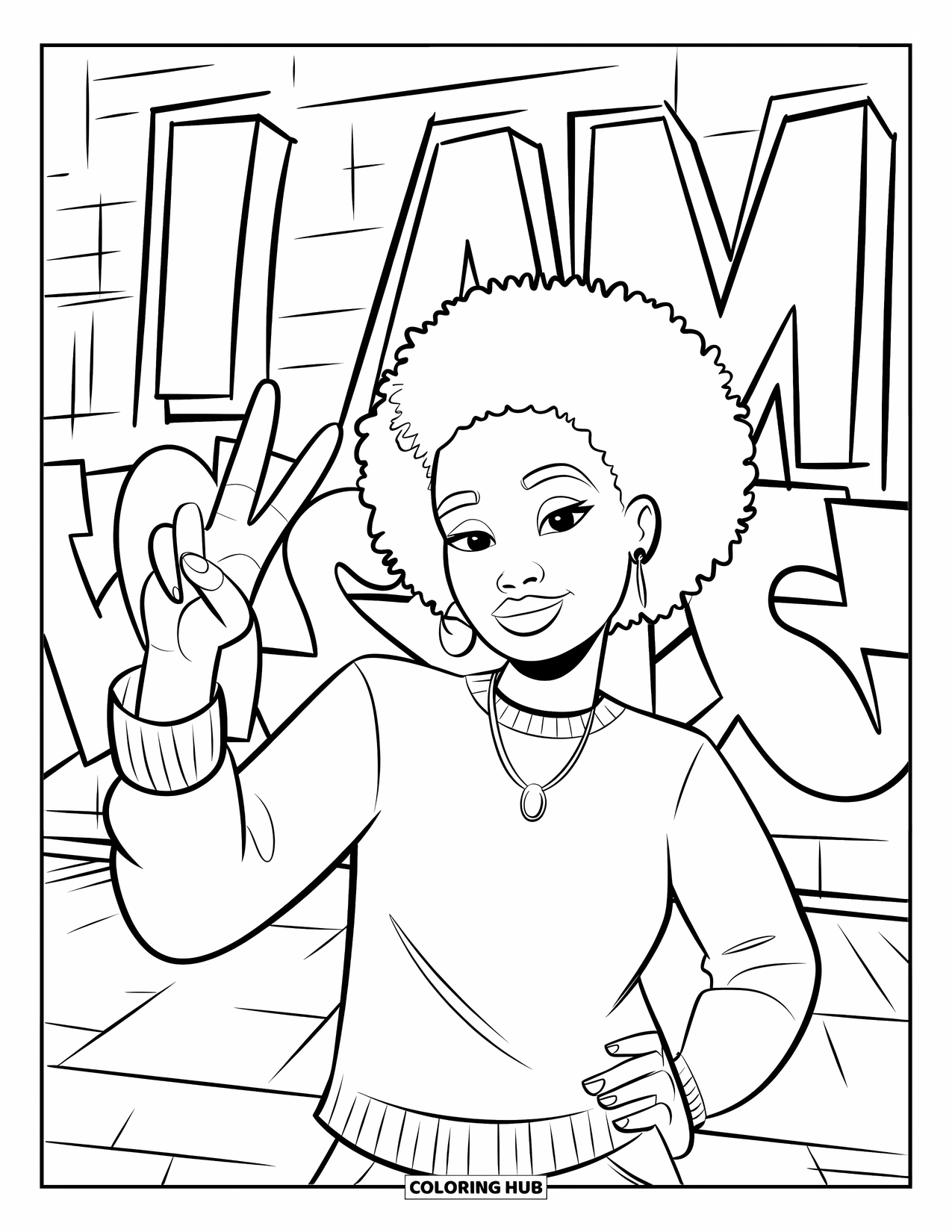 Afro Black Girl Coloring Page for Kids: A peace-sign selfie girl poses confidently near a wall that says "I AM"