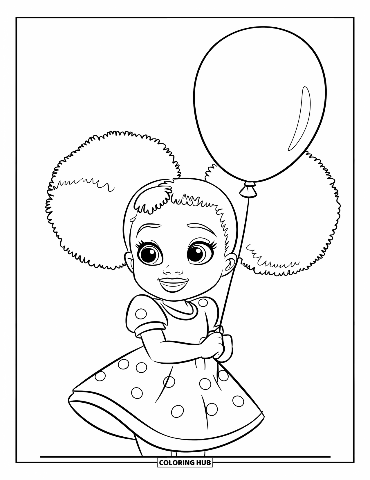 Afro Black Girl Coloring Page for Kids: A polka-dotted dress girl holds a balloon with a cheerful grin
