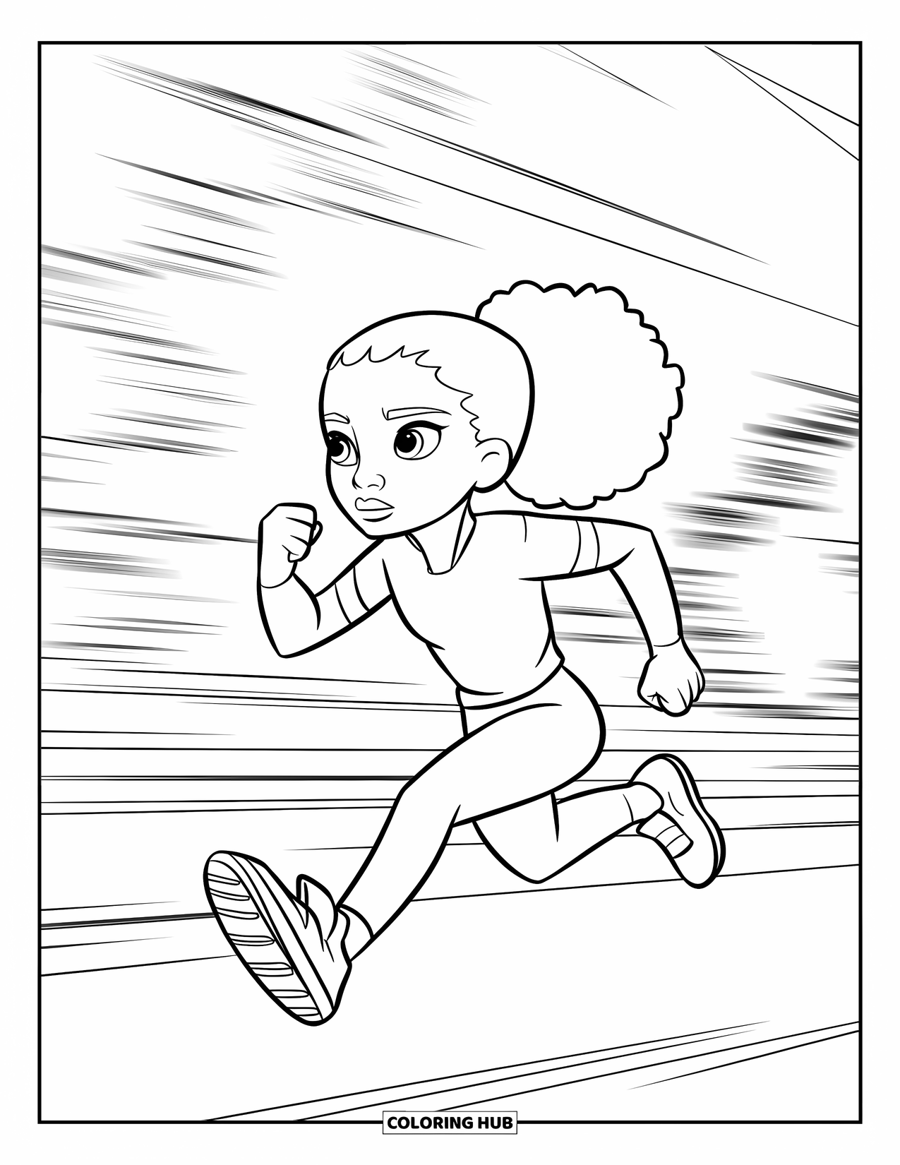 Afro Black Girl Coloring Page for Kids: A ponytailed girl races forward through trees and buildings