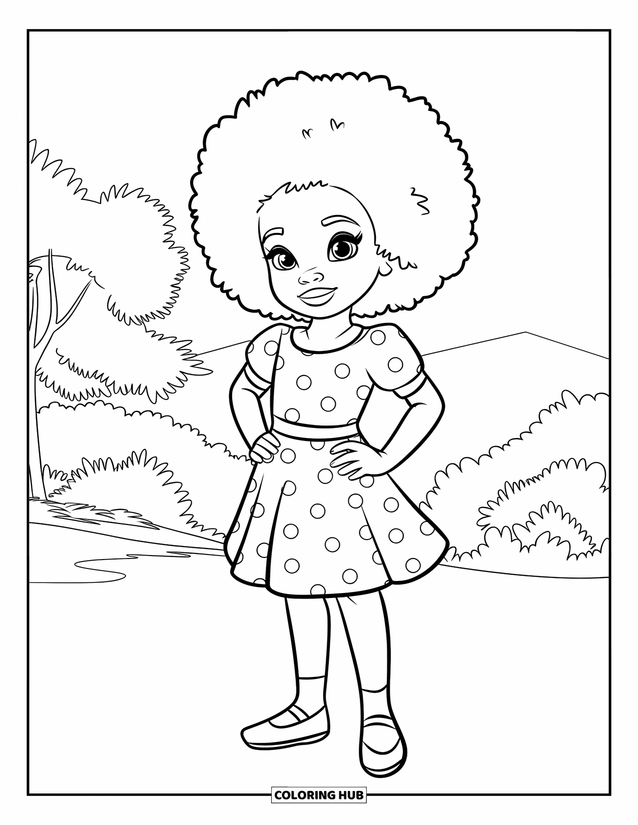 Afro Black Girl Coloring Page for Kids: A proud girl in polka dots stands on a field with trees and mountains